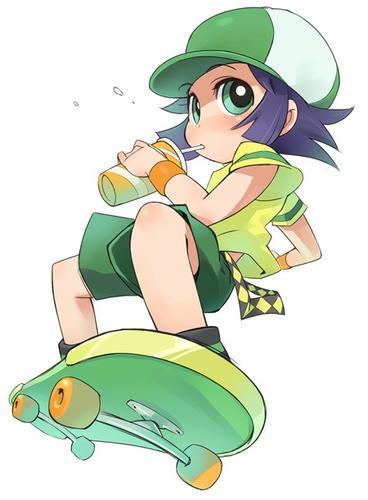 minawa, matsubara kaoru, powered buttercup, cartoon network, powerpuff girls, powerpuff girls z, green footwear, lowres, 00s, 1girl, baseball cap, black hair, blush, cup, drinking, drinking straw, green eyes, green hat, green shirt, hat, holding, holding cup, shirt, shoes, short hair, short sleeves, skateboard, white background
