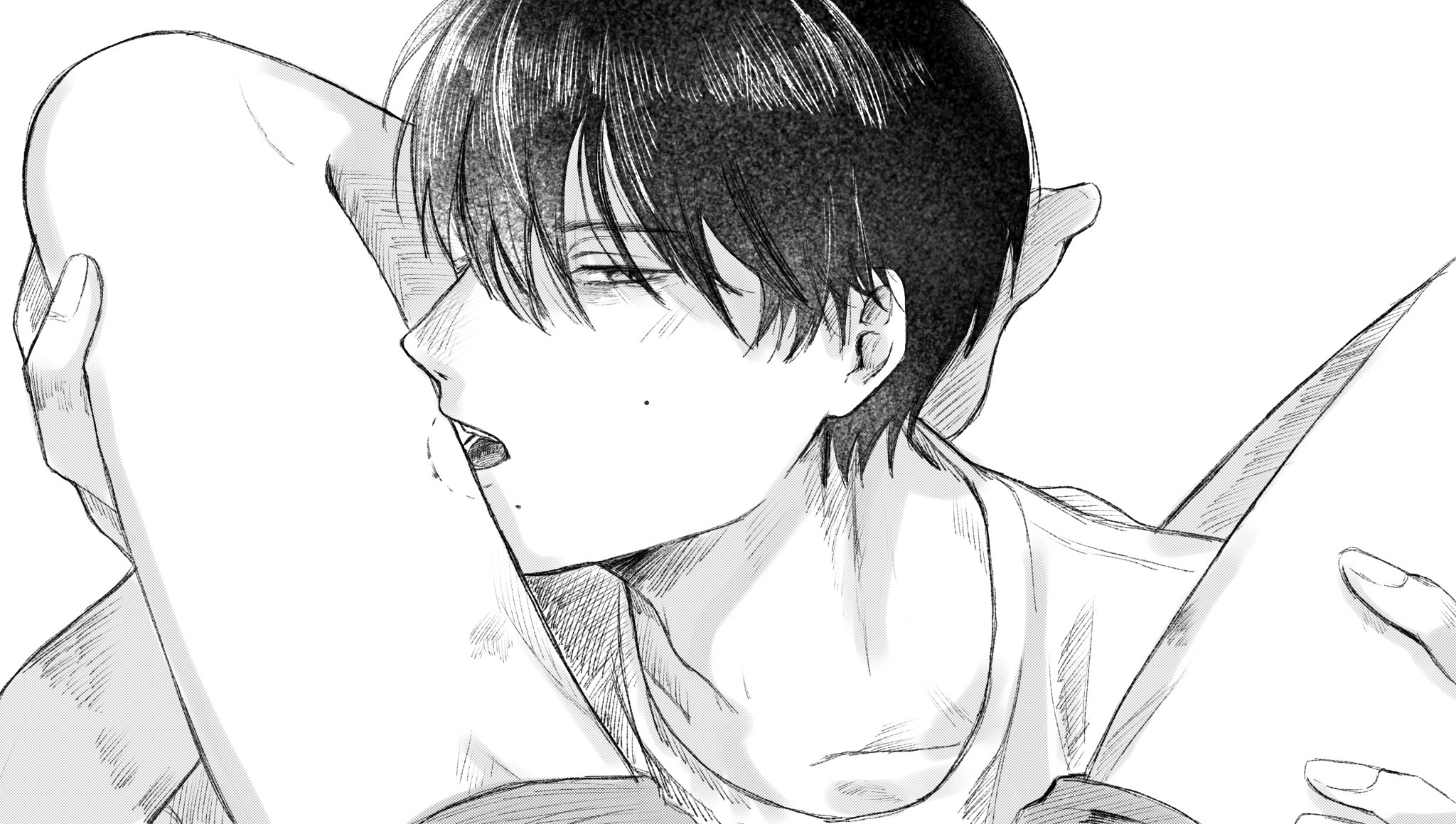 indou hikaru, tsujinaka yoshiki, hikaru ga shinda natsu, commentary request, highres, 2boys, adam's apple, bite mark, bite mark on thigh, blush, collarbone, greyscale, head between thighs, looking at viewer, male focus, mole, mole on cheek, mole under mouth, monochrome, multiple boys, multiple moles, nose blush, qo op 53, shirt, short hair, simple background, slit pupils, thighs, white background, yaoi