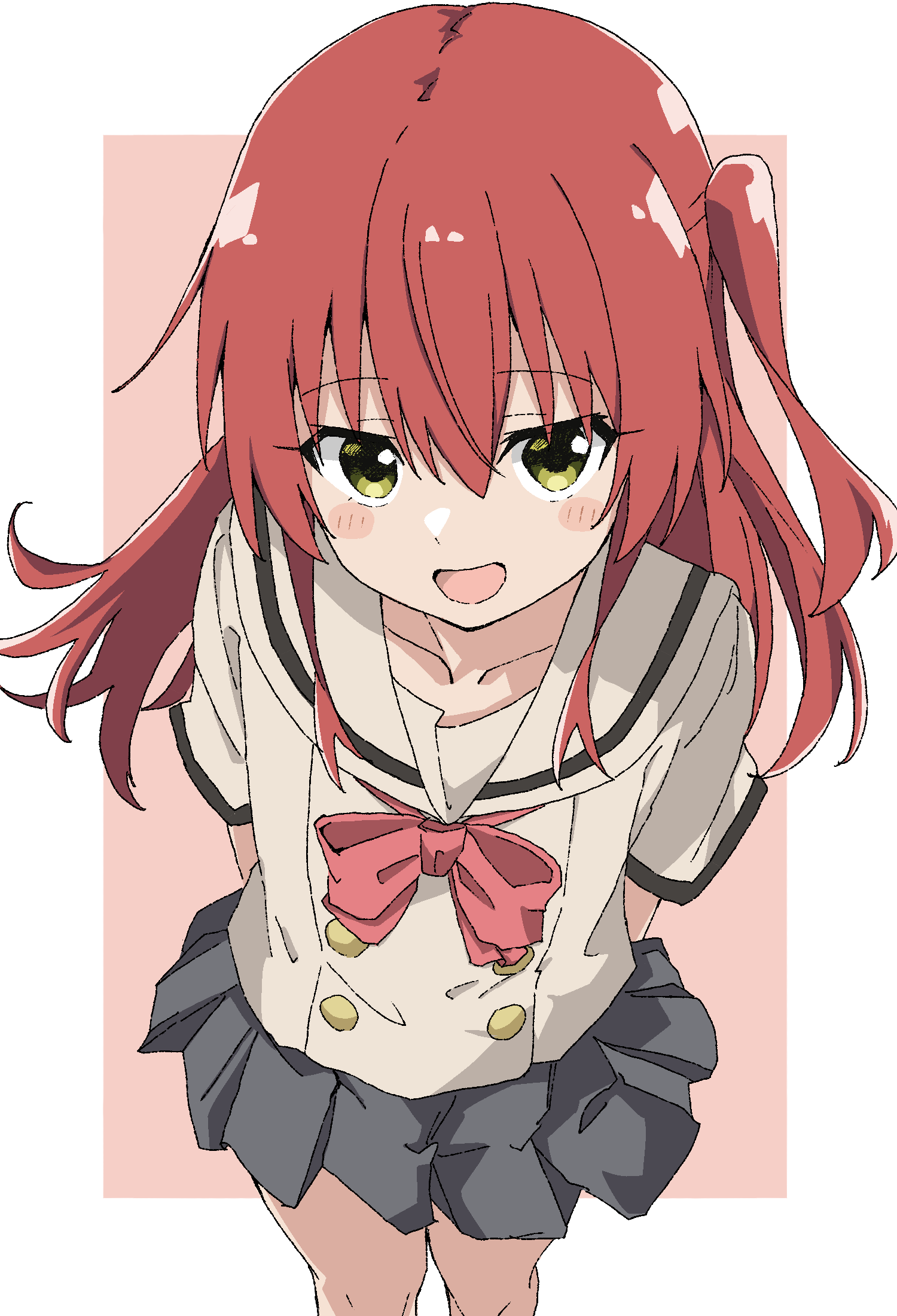 maho ron1, kita ikuyo, bocchi the rock!, commentary request, highres, 1girl, :d, blush, dot nose, looking at viewer, open mouth, red hair, ribbon, simple background, skirt, smile, standing, yellow eyes
