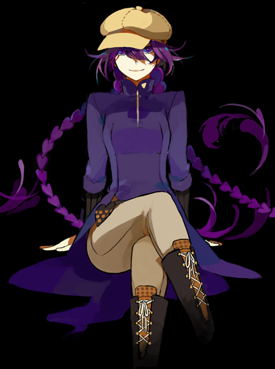 starshadowmagician, ishimaru kouta, zaregoto series, source request, boots, braid, crossed legs, hat, long hair, newsboy cap, purple eyes, purple hair, simple background, sitting, solo, twin braids, twintails