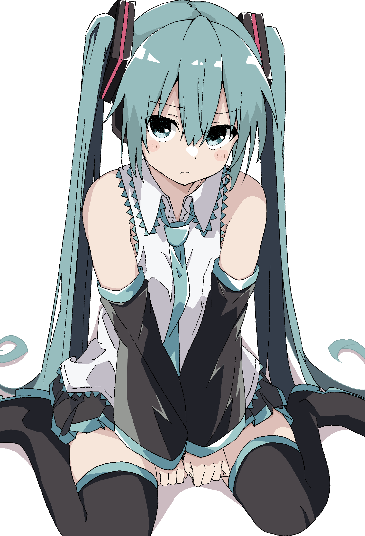 maho ron1, hatsune miku, vocaloid, commentary request, highres, 1girl, blush, dot nose, frown, hair between eyes, hair ornament, long hair, necktie, on floor, simple background, solo, thighhighs, very long hair