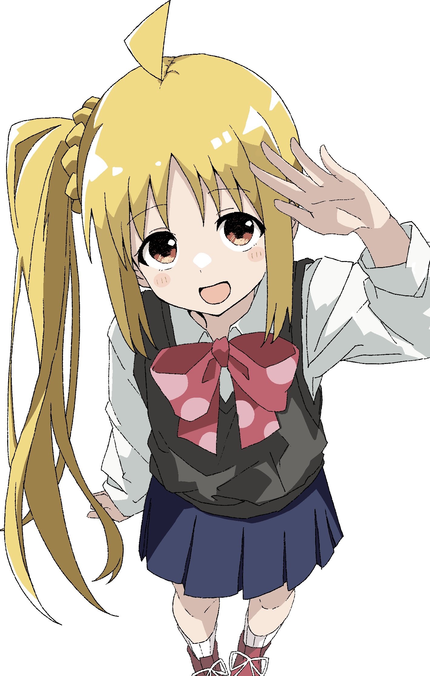 maho ron1, ijichi nijika, bocchi the rock!, doritos, commentary request, highres, 1girl, blonde hair, doritos hair (meme), dot nose, long hair, looking at viewer, meme, open mouth, red eyes, ribbon, skirt, smile, standing, very long hair