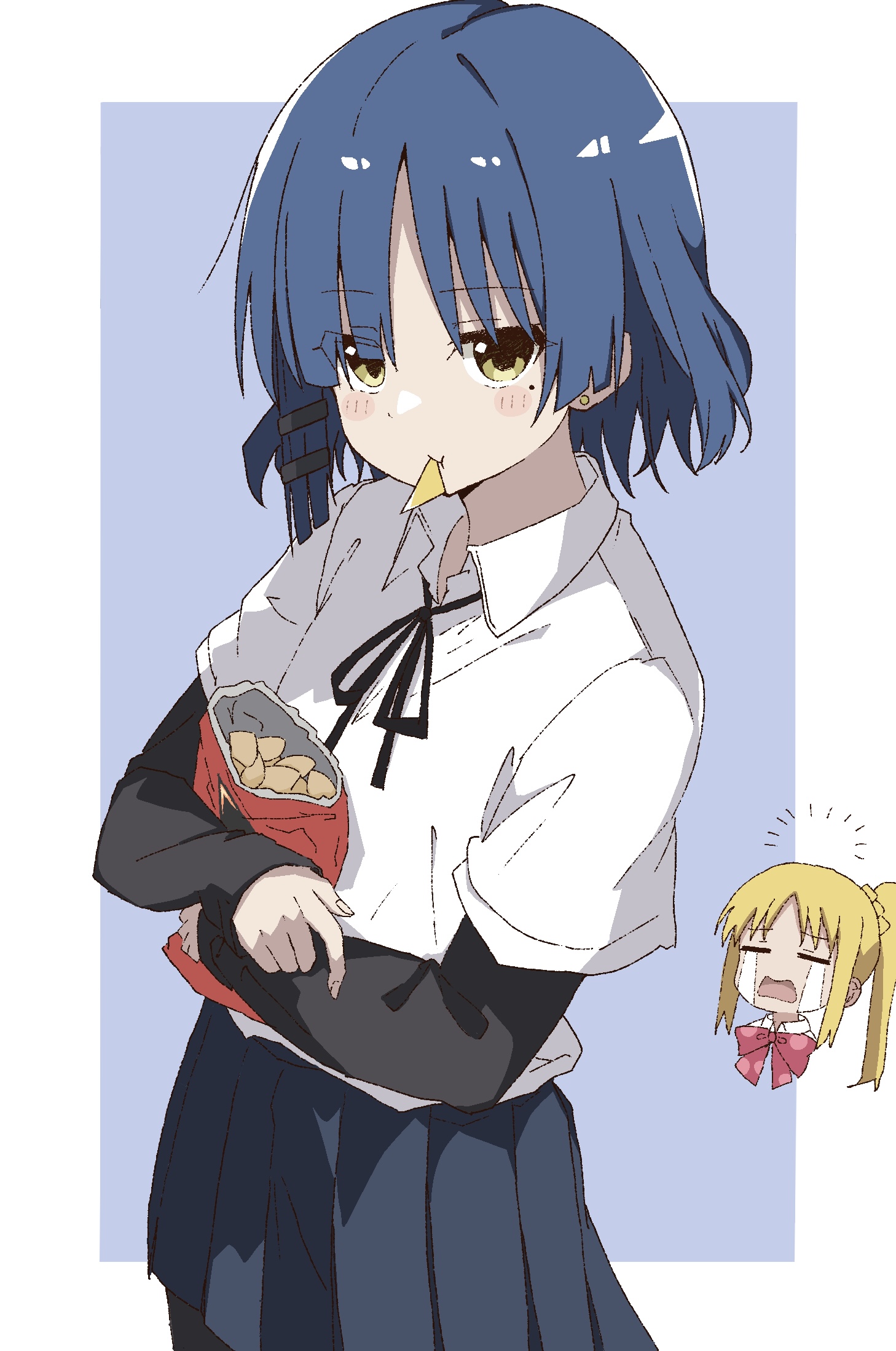 maho ron1, ijichi nijika, yamada ryo, bocchi the rock!, doritos, commentary request, highres, blunt bangs, blush, doritos hair (meme), eating, holding, looking at viewer, meme, short hair, simple background, skirt, standing