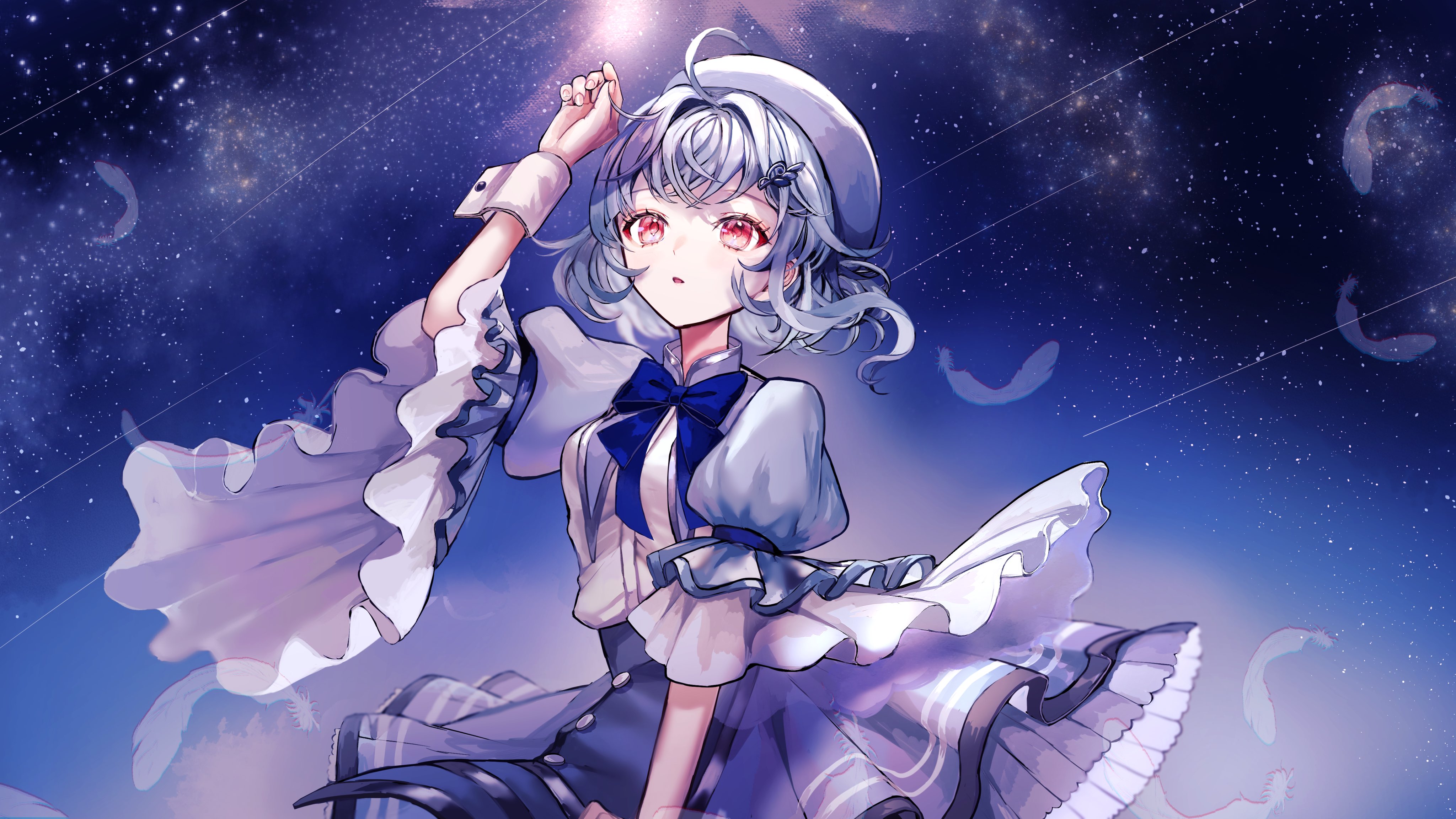 pipi (pipinavigation), indie virtual youtuber, absurdres, character request, commentary request, copyright request, highres, 1girl, ahoge, arm cuffs, arm up, beret, blue bow, blue bowtie, blue dress, bow, bowtie, curly hair, dress, floating hair, frilled dress, frilled sleeves, frills, hat, parted lips, pink eyes, sky, star (sky), starry sky, white hat