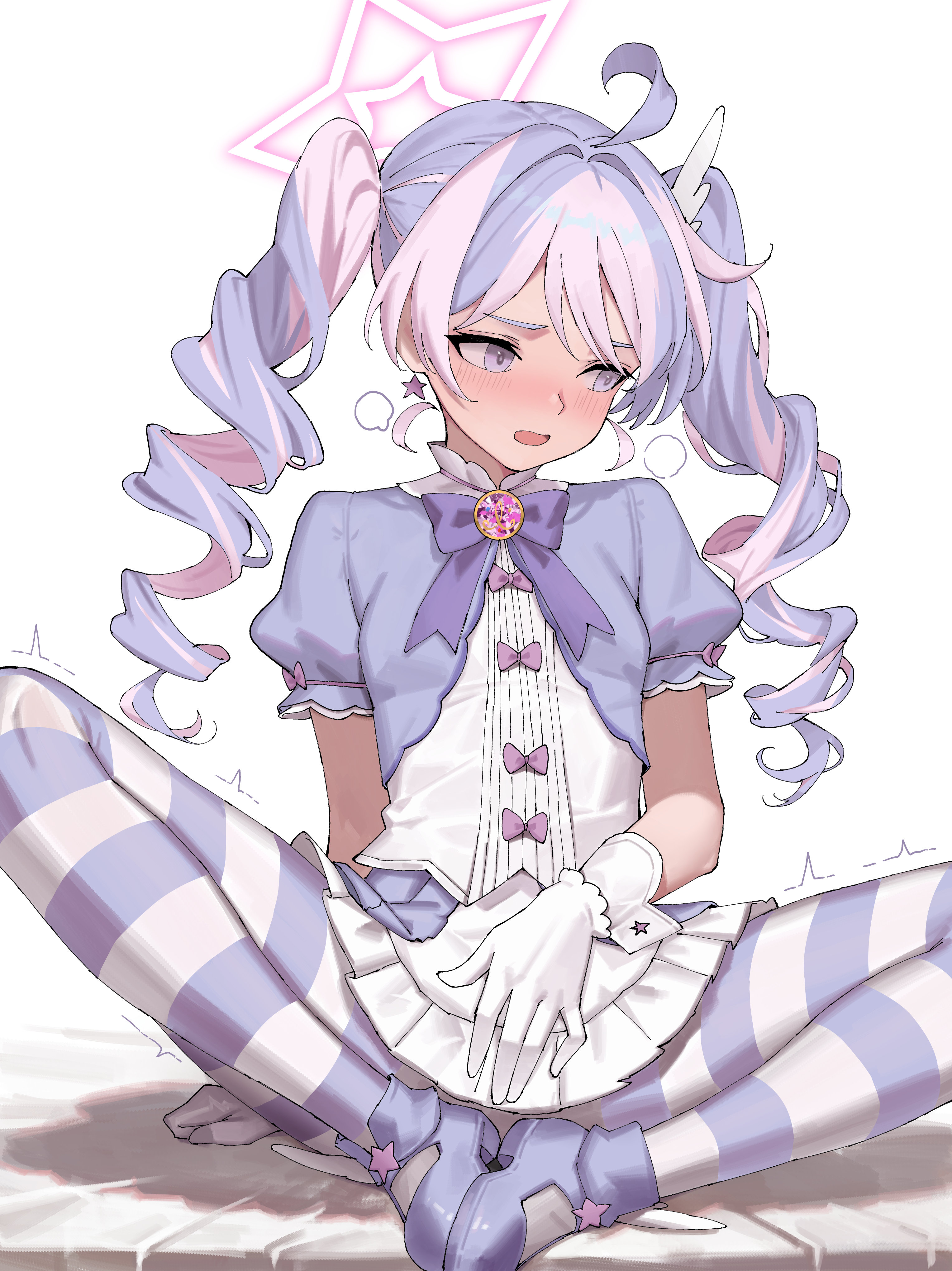 fuujin (windust michio), reisa (blue archive), reisa (magical) (blue archive), blue archive, absurdres, commentary request, highres, 1girl, ahoge, bow, bowtie, drill hair, gloves, hair ornament, halo, long hair, magical girl, multicolored hair, pantyhose, pink hair, puffy short sleeves, puffy sleeves, purple bow, purple bowtie, purple eyes, purple hair, purple pantyhose, shoes, short sleeves, sitting, solo, star (symbol), star hair ornament, star halo, striped clothes, striped pantyhose, twin drills, twintails, two-tone hair, two-tone pantyhose, very long hair, white gloves, wing hair ornament, winged shoes, wings