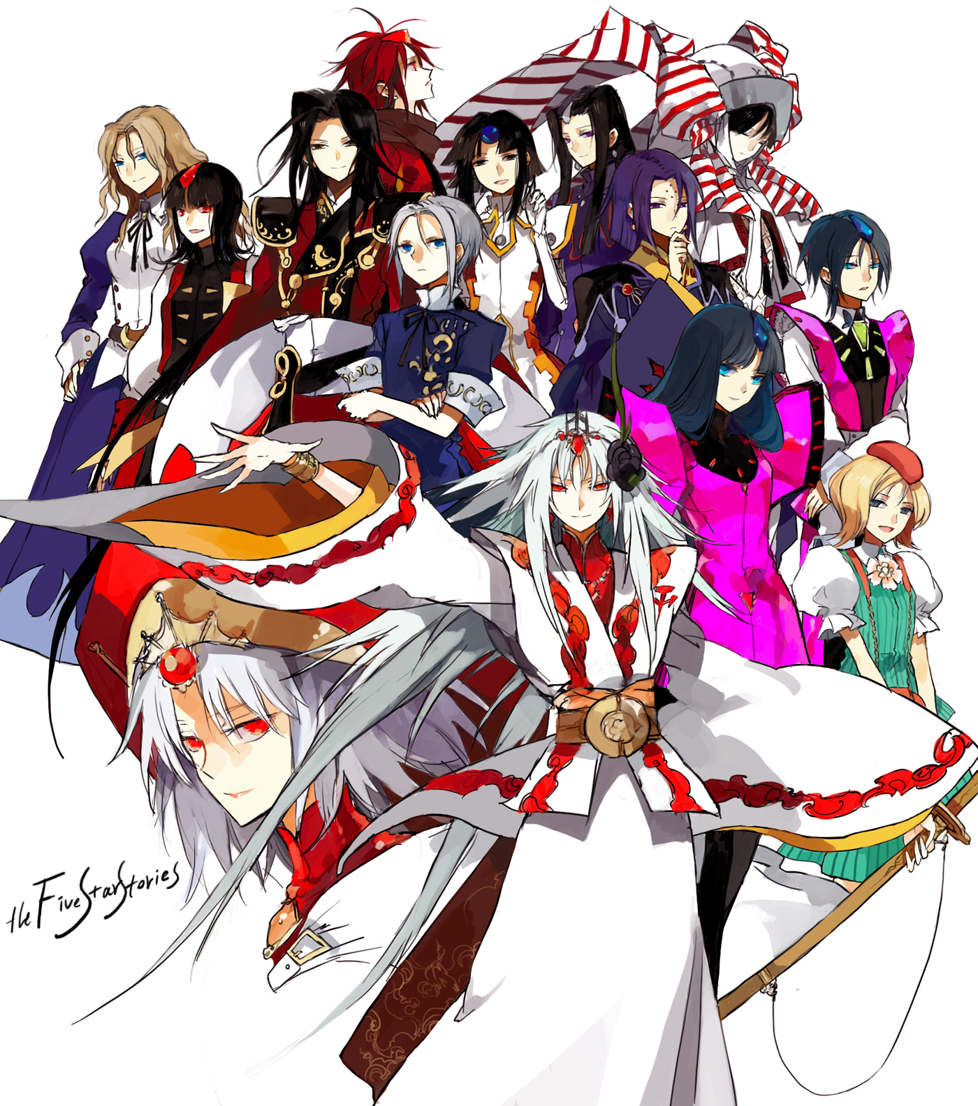 starshadowmagician, aisha (five star stories), alekto, amaterasu (five star stories), atoropos (five star stories), atropos (five star stories), clotho (five star stories), falk jugendlich rogner, fatima (five star stories), ikaruga (five star stories), karen (five star stories), kyo (five star stories), lachesis (five star stories), maja, maxi (five star stories), wascsha cordante, five star stories, silver hair, character request, highres, 6+boys, 6+girls, aqua eyes, beret, black hair, blonde hair, blue eyes, epaulettes, flower, hair ornament, hat, katana, long hair, multiple boys, multiple girls, red eyes, red hair, short hair, skirt, sword, very long hair, weapon, wide sleeves, wooden sword