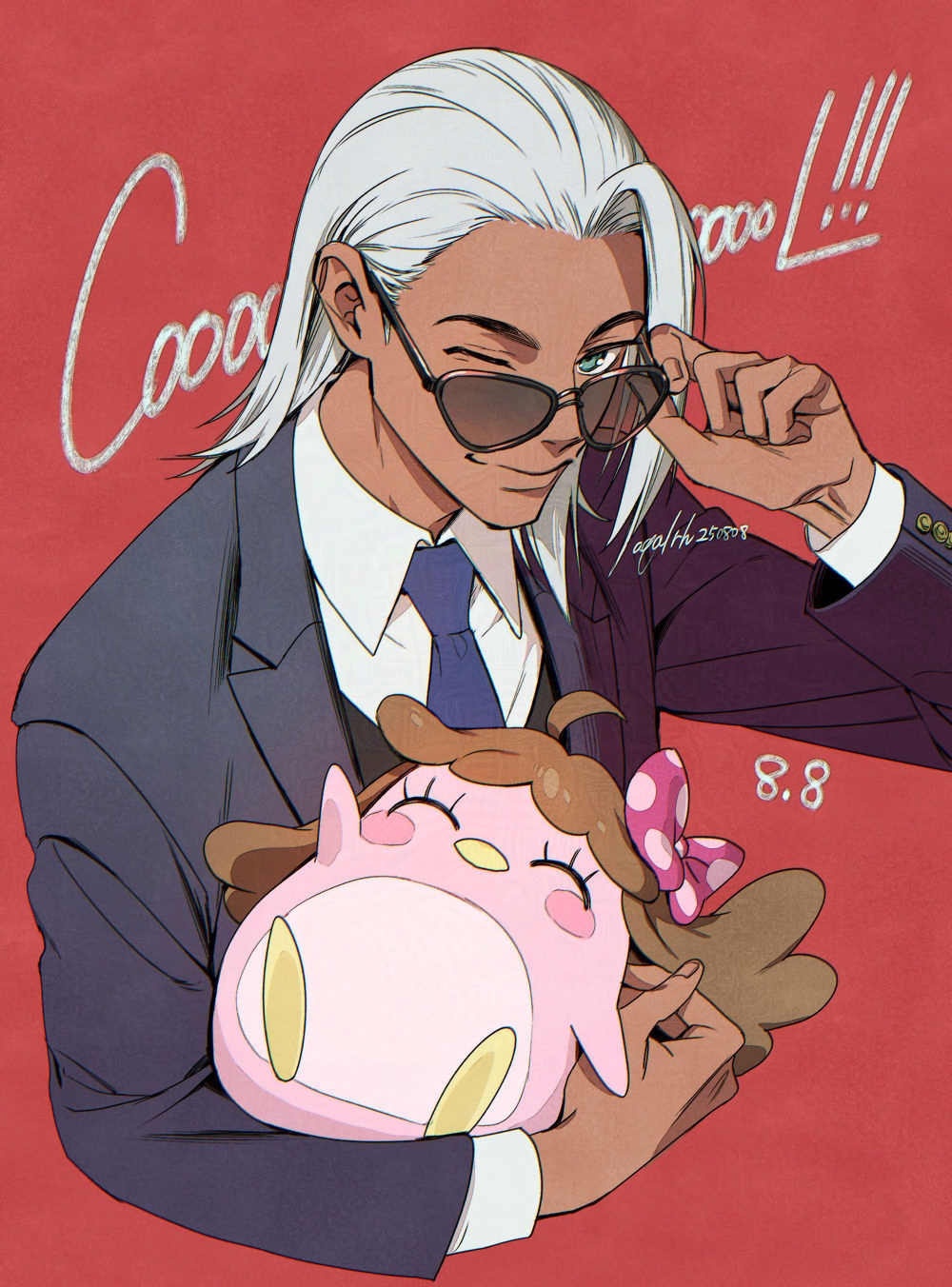 akua, ibara chisato, pretty rhythm, pretty rhythm rainbow live, pretty series, commentary request, highres, 1boy, adjusting eyewear, animal, bird, black jacket, blazer, blue necktie, collared shirt, dark-skinned male, dark skin, dj.coo, hand on eyewear, hand up, holding, holding animal, jacket, long sleeves, male focus, necktie, one eye closed, penguin, red background, shirt, smile, sunglasses, white hair, white shirt