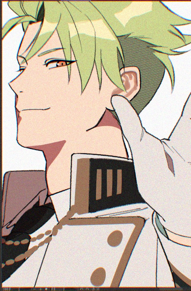 ororooops, achilles (celebratory attire) (fate), achilles (fate), fate/grand order, fate (series), commentary request, 1boy, arm up, black necktie, closed mouth, collared shirt, gloves, green hair, high collar, jacket, jewelry, long sleeves, looking at viewer, necklace, necktie, official alternate costume, open clothes, open jacket, orange eyes, outstretched arm, shirt, short hair, smirk, suit jacket, undercut, white gloves, white jacket