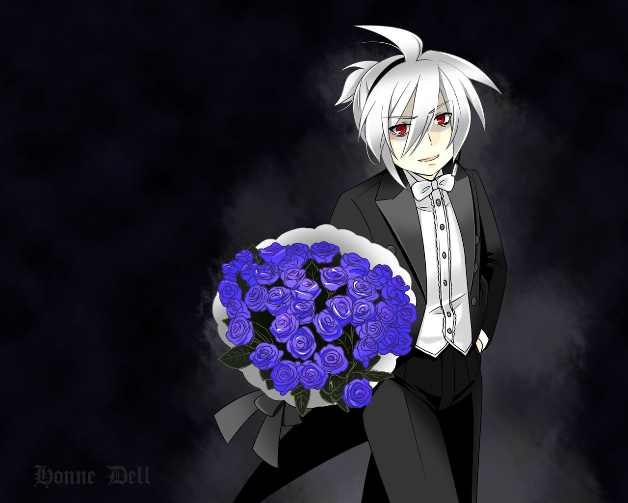 caffein, honne dell, vocaloid, silver hair, 1boy, albino, black theme, flower, headphones, male focus, red eyes, rose, solo, tuxedo