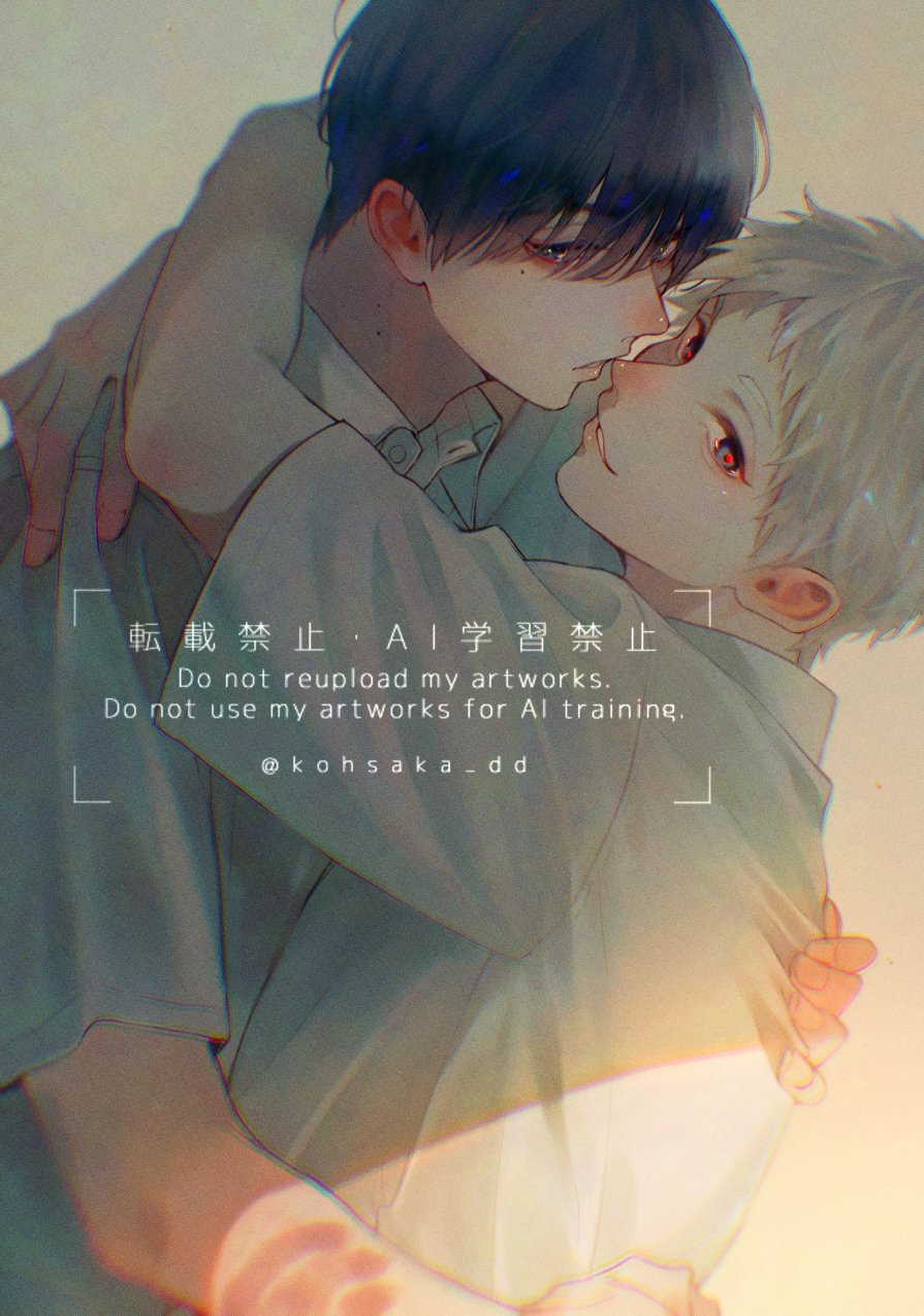 indou hikaru, tsujinaka yoshiki, hikaru ga shinda natsu, commentary request, highres, 2boys, black hair, collared shirt, hug, kohsaka dd, lips, looking at viewer, male focus, mole, mole on neck, mole under eye, multiple boys, multiple moles, parted lips, red pupils, scar, scar on arm, shirt, short eyebrows, short hair, short sleeves, teeth, twitter username, watermark, white hair, white shirt, yaoi