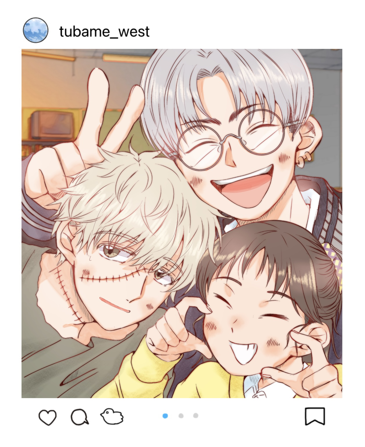 iwakura mitsumi, kanechika harumi, shima sousuke, skip to loafer, commentary request, highres, 1girl, 2boys, :d, closed eyes, green shirt, hands up, indoors, makeup, multiple boys, open mouth, shirt, short hair, siogayu oishii, smile, stitches, sweater, v, yellow sweater