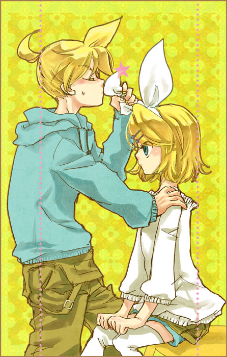 hoshino hitsuki, kagamine len, kagamine rin, vocaloid, 1boy, 1girl, blonde hair, blue eyes, brother and sister, closed eyes, hair ornament, hair ribbon, hairclip, hetero, kiss, ribbon, short hair, siblings, sweat, thighhighs, twins