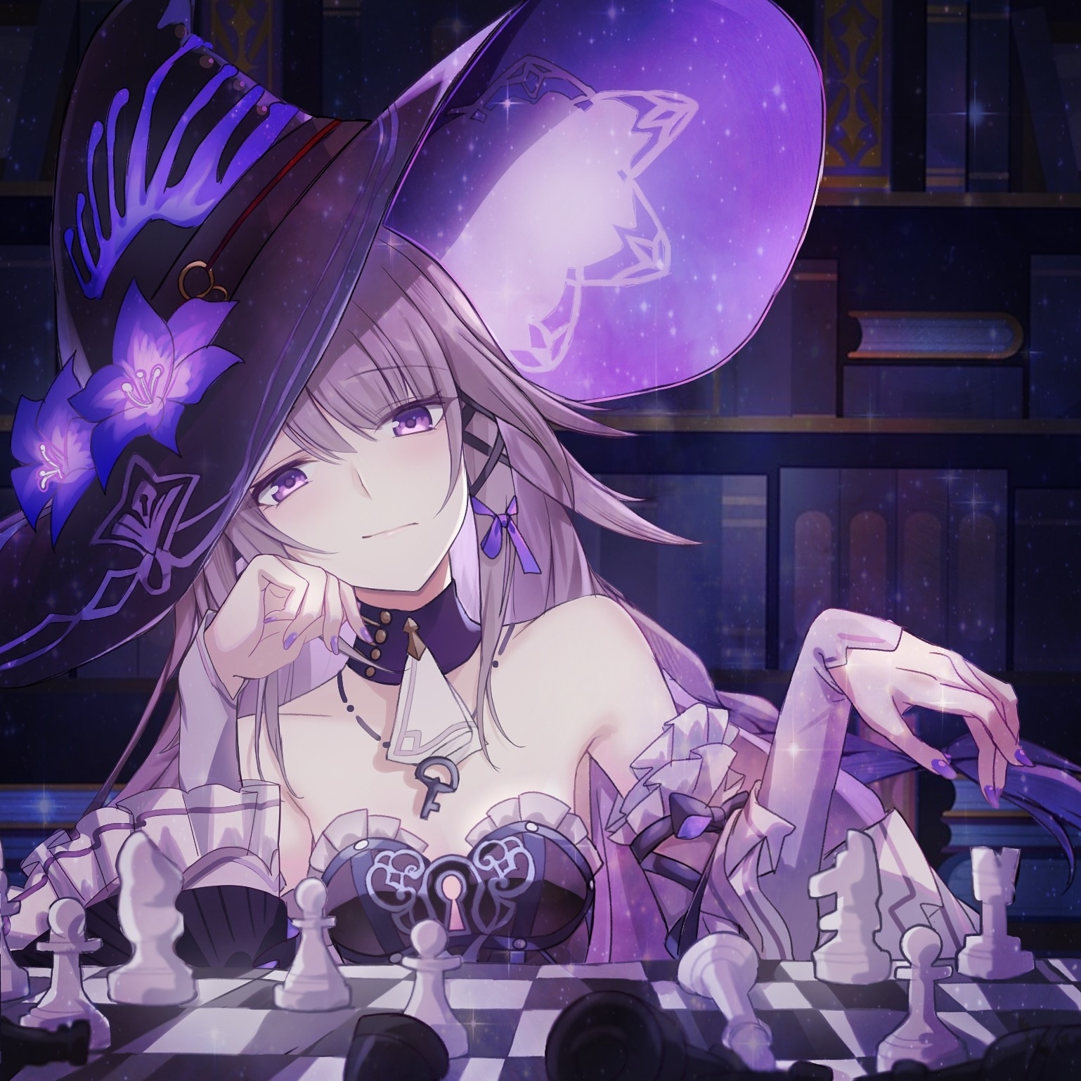 saint laurent paris, herta (honkai: star rail), the herta (honkai: star rail), honkai: star rail, honkai (series), commentary request, highres, 1girl, board game, bookshelf, brown hair, cheek rest, chess, chess piece, chessboard, detached collar, detached sleeves, hat, jewelry, key, key necklace, long hair, necklace, purple eyes, purple nails, witch hat