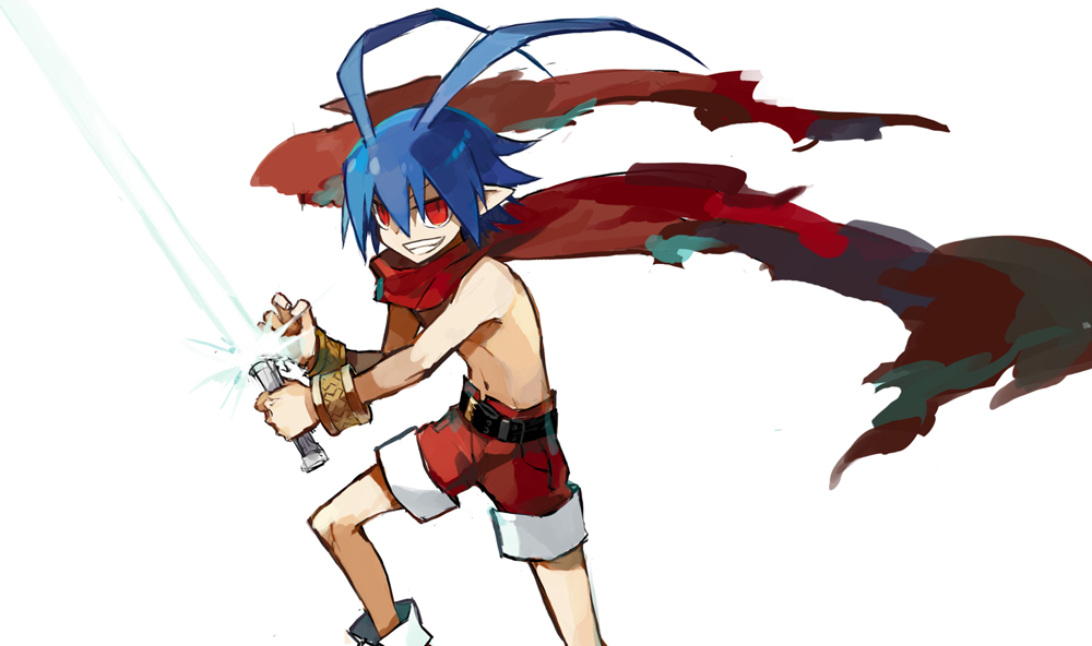 starshadowmagician, laharl, disgaea, 1boy, antenna hair, blue hair, bracelet, energy sword, grin, jewelry, male focus, red eyes, red scarf, red shorts, scarf, shorts, smile, solo, sword, topless male, weapon, white background