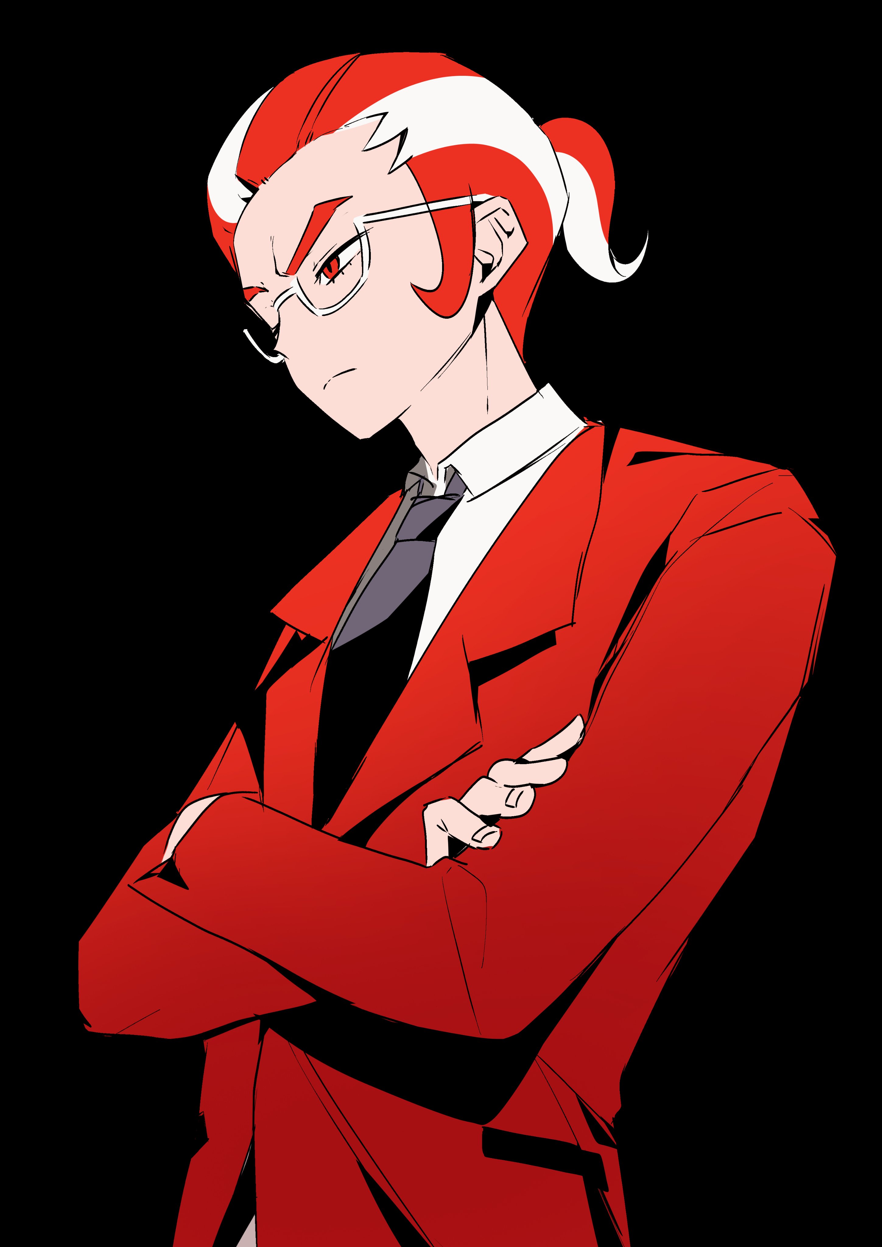 ebi (shrimp eleven), grisham (pokemon), nintendo, pokemon, pokemon legends: z-a, absurdres, highres, 1boy, alternate costume, black background, black necktie, crossed arms, formal clothes, frown, glasses, hair pulled back, jacket, looking ahead, male focus, multicolored hair, necktie, ponytail, red eyes, red hair, red jacket, semi-rimless eyewear, shirt, short ponytail, sideburns, solo, suit, team flare uniform, thick eyebrows, two-tone hair, upper body, white-framed eyewear, white hair, white shirt