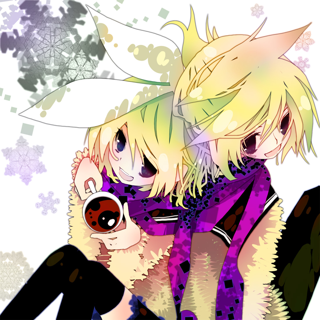 saya (sayaya), kagamine len, kagamine rin, vocaloid, 1boy, 1girl, blonde hair, blue eyes, brother and sister, coffee, hair ribbon, ribbon, scarf, shared clothes, shared scarf, short hair, siblings, smile, thighhighs, twins