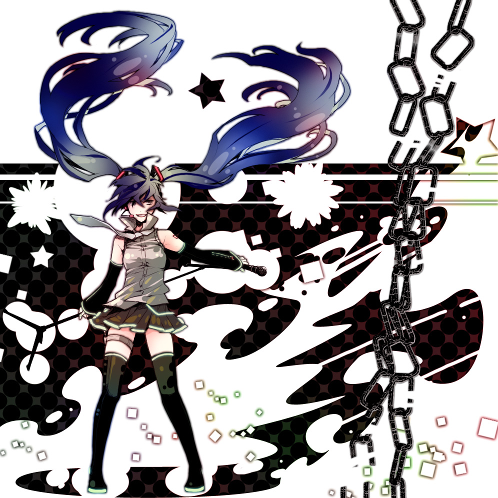 saya (sayaya), hatsune miku, vocaloid, bad id, bad pixiv id, 1girl, blue hair, chain, female focus, full body, headphones, headset, long hair, necktie, skirt, smile, solo, thighhighs, twintails, very long hair, zettai ryouiki