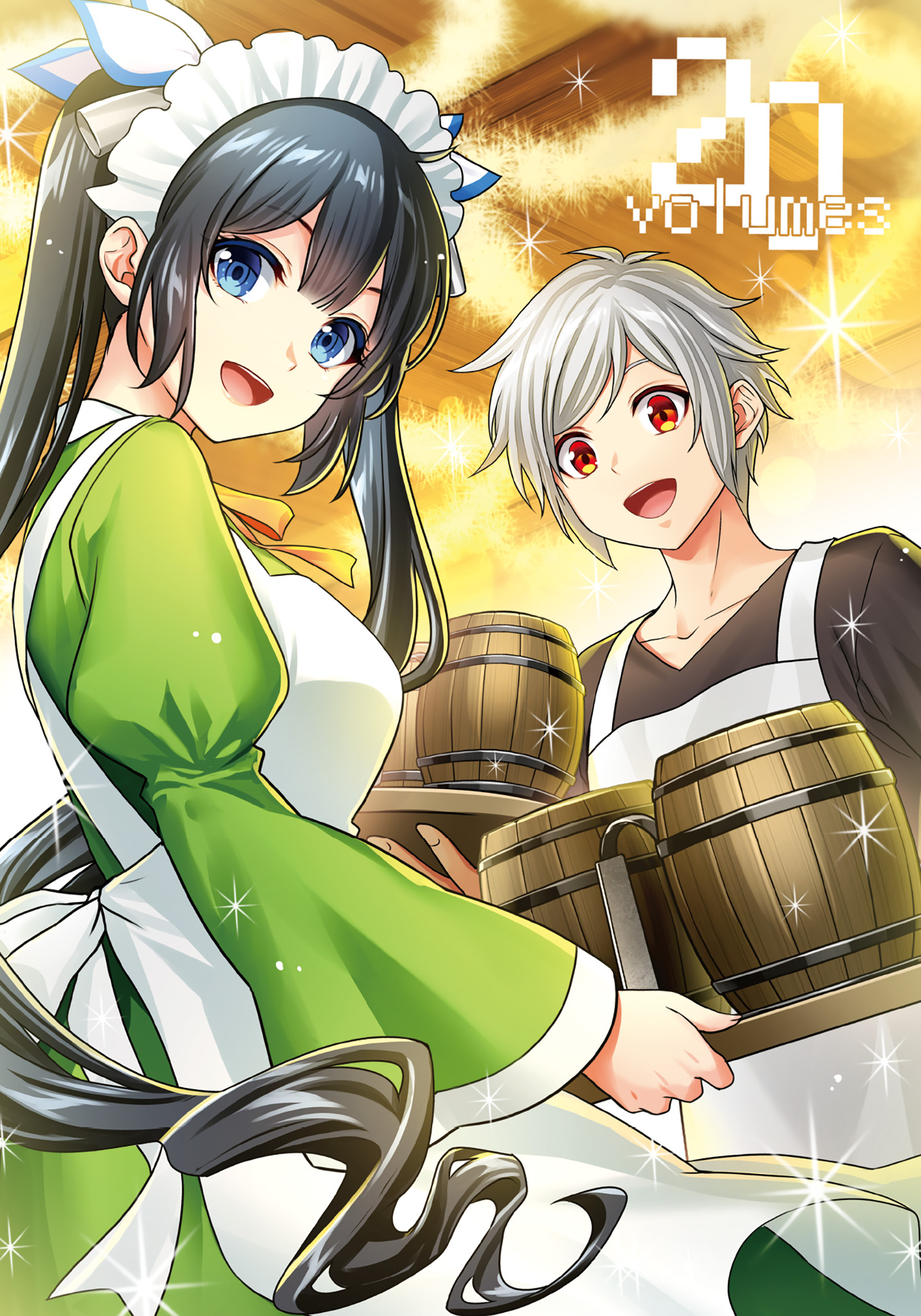 taisei yamachi, bell cranel, hestia (danmachi), dungeon ni deai wo motomeru no wa machigatteiru darou ka, highres, novel illustration, official art, third-party source, 1boy, 1girl, :d, apron, black hair, black shirt, blue eyes, breasts, dress, green dress, holding, holding tray, juliet sleeves, long hair, long sleeves, looking at viewer, maid headdress, medium breasts, neck ribbon, open mouth, orange ribbon, puffy sleeves, red eyes, ribbon, shirt, short hair, sidelocks, smile, tankard, tray, twintails, white apron, white hair, white headdress, wide sleeves