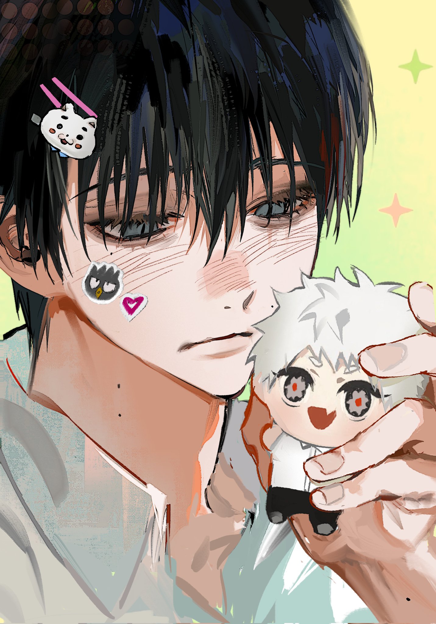 indou hikaru, tsujinaka yoshiki, hikaru ga shinda natsu, commentary, highres, symbol-only commentary, 1boy, avandee11949, black hair, blush, character doll, collared shirt, doll, eyelashes, fang, grey eyes, hair between eyes, hair ornament, hairpin, male focus, mole, mole on cheek, mole on neck, mole under eye, multiple moles, shirt, short hair, skin fang, slit pupils, solo, sticker, white hair, white shirt