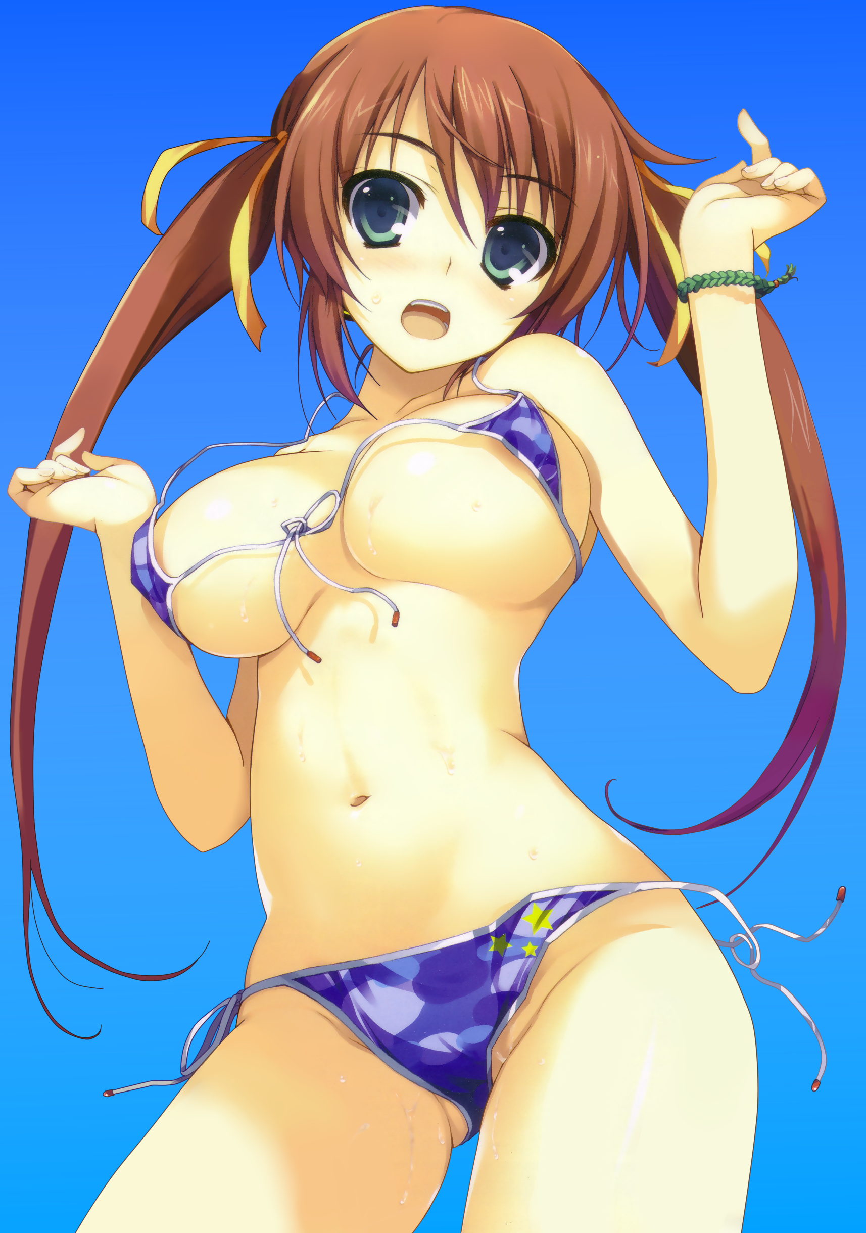 tomose shunsaku, absurdres, highres, non-web source, scan, 1girl, aqua eyes, bikini, blue bikini, bracelet, breasts, brown hair, female focus, front-tie top, hair ribbon, jewelry, large breasts, long hair, navel, open mouth, ribbon, side-tie bikini bottom, simple background, solo, string bikini, sweat, swimsuit, twintails, wardrobe malfunction