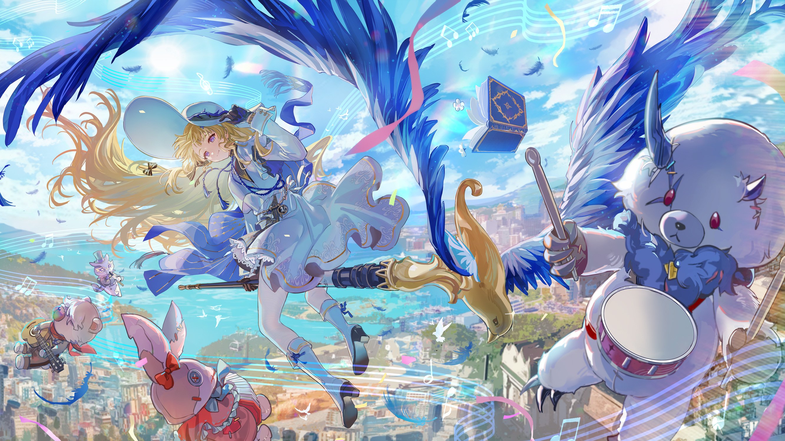 hitokoto, phoebe (wuthering waves), wuthering waves, commentary, hashtag-only commentary, highres, 1girl, beamed eighth notes, black gloves, blonde hair, blue sky, book, closed mouth, cuddle wuddle (wuthering waves), day, diggy duggy (wuthering waves), gloves, hand up, hat, hocus pocus (wuthering waves), looking at viewer, looking back, lottie lost (wuthering waves), musical note, open book, outdoors, pantyhose, purple eyes, riding, shirt, skirt, sky, smile, tacet discord (wuthering waves), white hat, white pantyhose, white shirt, white skirt, wind