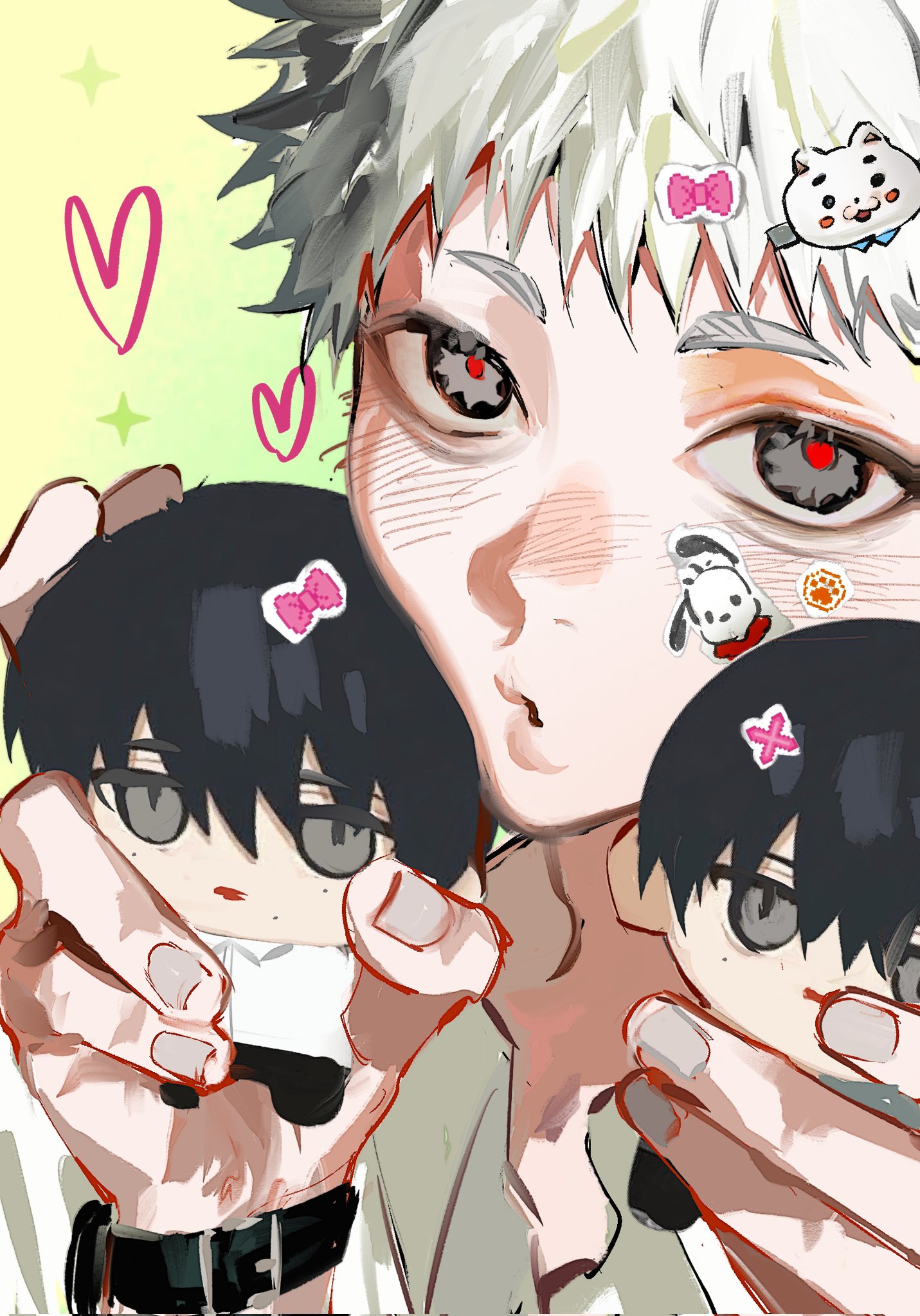 indou hikaru, tsujinaka yoshiki, hikaru ga shinda natsu, commentary, corrupted twitter file, highres, symbol-only commentary, 1boy, avandee11949, black hair, blush, character doll, collared shirt, doll, grey eyes, hair ornament, hairpin, heart, holding, holding doll, looking at viewer, male focus, red pupils, shirt, short eyebrows, short hair, slit pupils, sticker, watch, white hair, white shirt, wristwatch