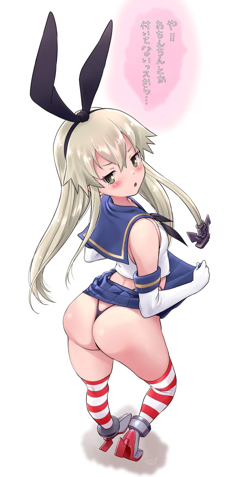 suika blue, shimakaze (kancolle), kantai collection, commentary request, highres, translation request, 1girl, :o, anchor hair ornament, animal ears, annoyed, ass, bare shoulders, black hairband, black neckerchief, black panties, black ribbon, blonde hair, blue sailor collar, blue skirt, blush, breasts, clothes lift, cropped shirt, elbow gloves, embarrassed, from above, from behind, full body, gloves, green eyes, hair between eyes, hair ornament, hair ribbon, hairband, high heels, highleg, highleg panties, leaning forward, long hair, looking at viewer, looking back, looking up, miniskirt, neckerchief, panties, pleated skirt, rabbit ears, ribbon, rudder footwear, sailor collar, school uniform, serafuku, shirt, skirt, skirt lift, sleeveless, sleeveless shirt, small breasts, solo, striped clothes, striped thighhighs, thighhighs, thighs, tiptoes, underwear, very long hair, white gloves, white shirt