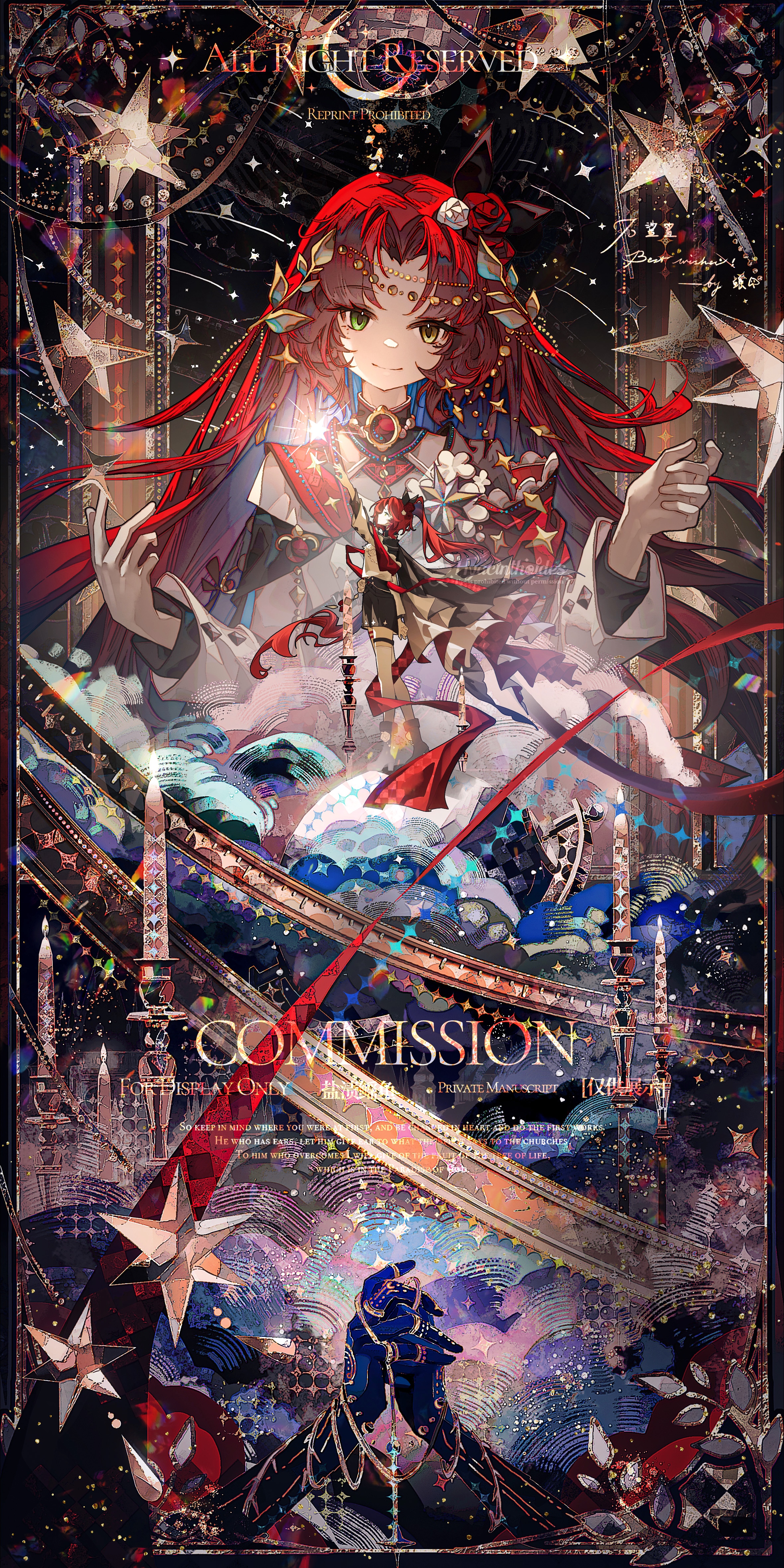 yan zi yao yu, original, absurdres, commission, highres, 1girl, blue skin, boots, brooch, brown boots, brown shoes, candle, candlestand, cape, checkered cape, checkered clothes, closed mouth, colored inner hair, colored skin, eyelashes, fire, flower, full body, gem, green eyes, hair flower, hair ornament, hand tattoo, hand up, heterochromia, high ponytail, jewelry, leaf hair ornament, leaf ornament, long hair, long sleeves, looking at viewer, looking up, multicolored hair, multiple rings, multiple views, own hands clasped, own hands together, parted bangs, ponytail, profile, red flower, red gemstone, red hair, red rose, ring, rose, shoes, shooting star, shorts, sidelocks, smile, standing, star (symbol), stellated octahedron, tattoo, thighhighs, two-sided cape, two-sided fabric, upper body, very long hair, watermark, white flower, white rose, white thighhighs, yellow eyes