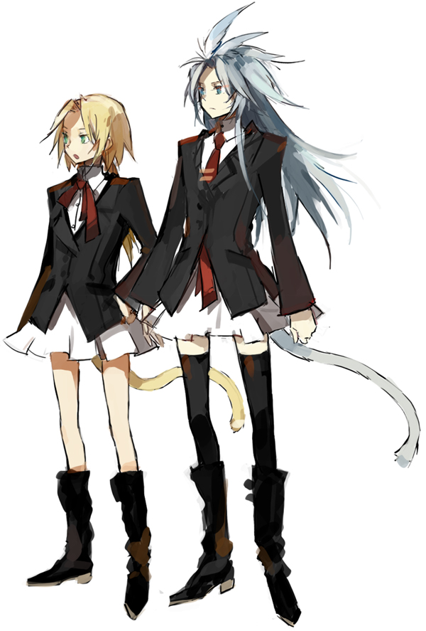 starshadowmagician, kuja, zidane tribal, final fantasy, final fantasy ix, silver hair, 00s, 2boys, androgynous, blonde hair, boots, brothers, crossdressing, crossdressing (mtf), knee boots, male focus, multiple boys, ponytail, school uniform, short hair, siblings, simple background, tail, thighhighs, trap