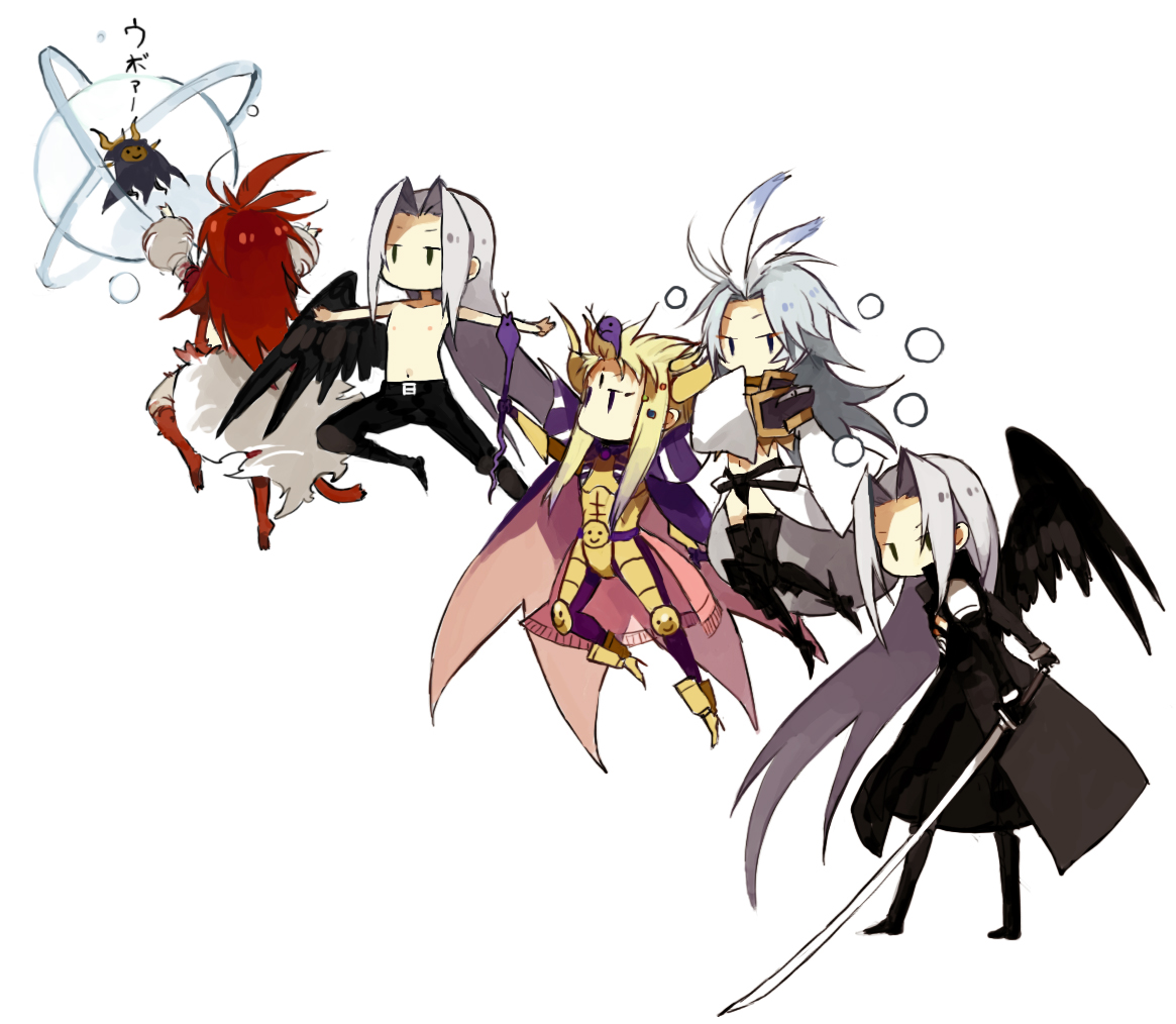 starshadowmagician, emperor (ff2), kuja, sephiroth, trance kuja, dissidia final fantasy, final fantasy, final fantasy ii, final fantasy ix, final fantasy vii, silver hair, 1980s (style), character request, 00s, 1990s (style), 3boys, alternate costume, alternate form, armor, blonde hair, cape, chibi, dual persona, long hair, magic, male focus, multiple boys, red hair, single wing, smiley face, staff, sword, topless male, weapon, wings, | |