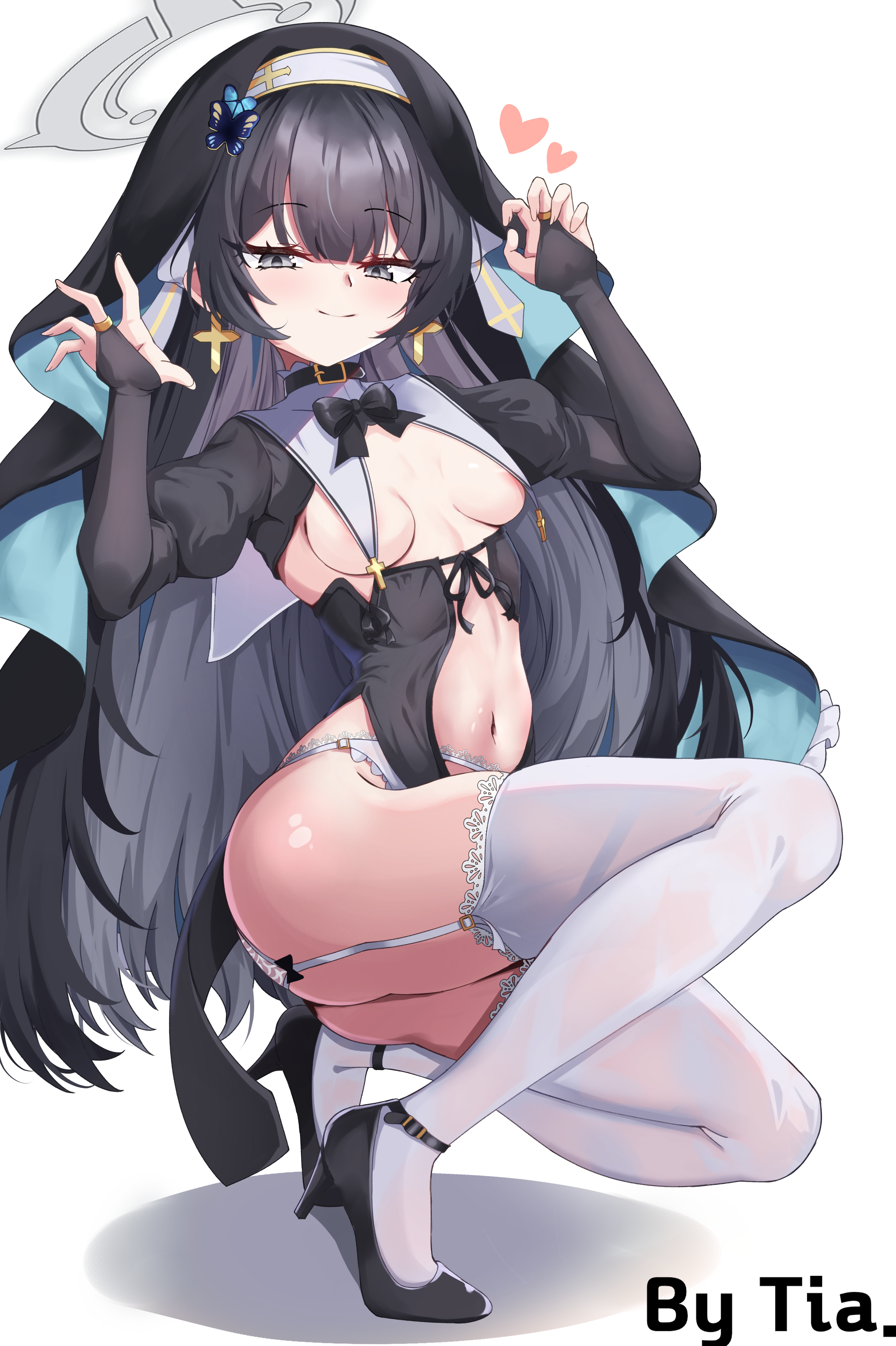 tia (4017342), kisaki (blue archive), blue archive, absurdres, commentary, english commentary, highres, 1girl, alternate costume, babydoll, black hair, bow, breast curtains, breasts, bridal gauntlets, butterfly hair ornament, claw pose, collar, cross, cross earrings, detached sleeves, earrings, garter belt, garter straps, grey eyes, grey halo, hair ornament, halo, heart, high heels, jewelry, lingerie, long hair, navel, nun, revealing clothes, signature, simple background, small breasts, smile, solo, squatting, thighhighs, underwear, white background