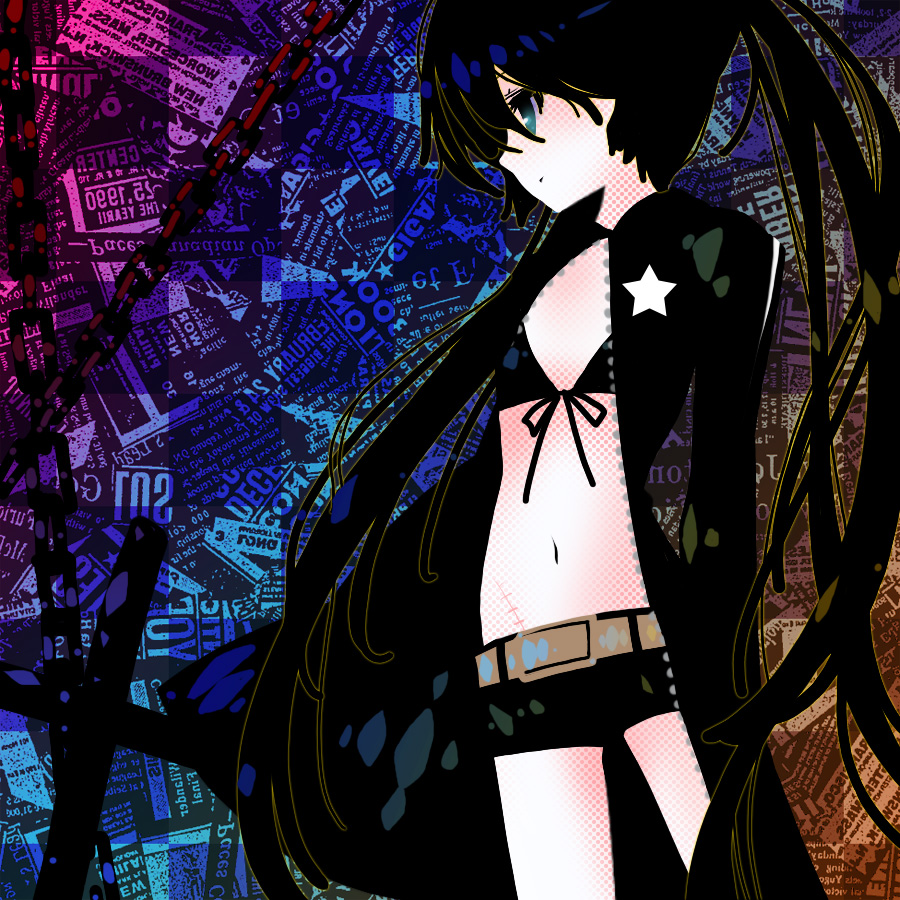 saya (sayaya), black rock shooter (character), black rock shooter, bad id, bad pixiv id, 10s, 1girl, belt, bikini, bikini top only, black hair, blue eyes, chain, coat, female focus, flat chest, front-tie top, hood, hooded jacket, jacket, long hair, midriff, navel, pale skin, scar, short shorts, shorts, solo, star (symbol), swimsuit, twintails, uneven twintails, very long hair, zipper
