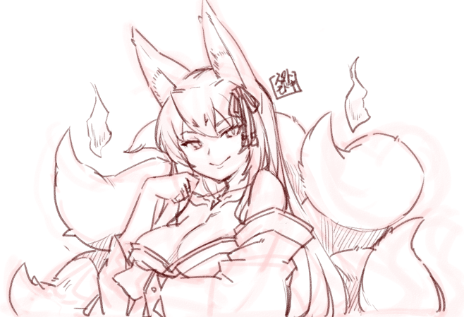 jingai modoki, tamamo (true form) (mon-musu quest!), mon-musu quest!, commentary request, 1girl, :>, aged up, animal ear fluff, animal ears, breasts, cleavage, closed mouth, fox ears, fox girl, fox tail, hair between eyes, hair ribbon, hitodama, kitsune, large breasts, long hair, looking at viewer, monster girl, multiple tails, official artist extra, ribbon, shoulder tattoo, signature, simple background, sketch, solo, tail, tattoo