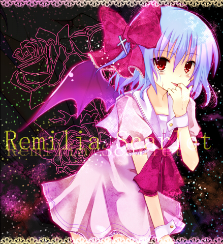 mutsu (kitakaze berry), remilia scarlet, touhou, lowres, 1girl, adapted costume, bat wings, bow, female focus, hair bow, solo, standing, wings