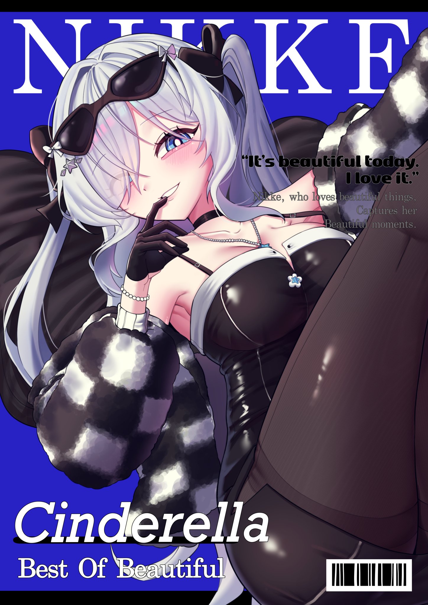 mimu (cyus7328), cinderella (nikke), goddess of victory: nikke, highres, 1girl, barcode, black choker, black pantyhose, blue eyes, breasts, bright pupils, character name, checkered clothes, choker, cleavage, cover, dress, english text, eyewear on head, fake cover, fake magazine cover, gloves, hair over one eye, half gloves, large breasts, long hair, looking at viewer, magazine cover, one eye covered, pantyhose, smile, solo, strapless, strapless dress, sunglasses, thighband pantyhose, tinted eyewear, tube dress, twintails, very long hair, white hair
