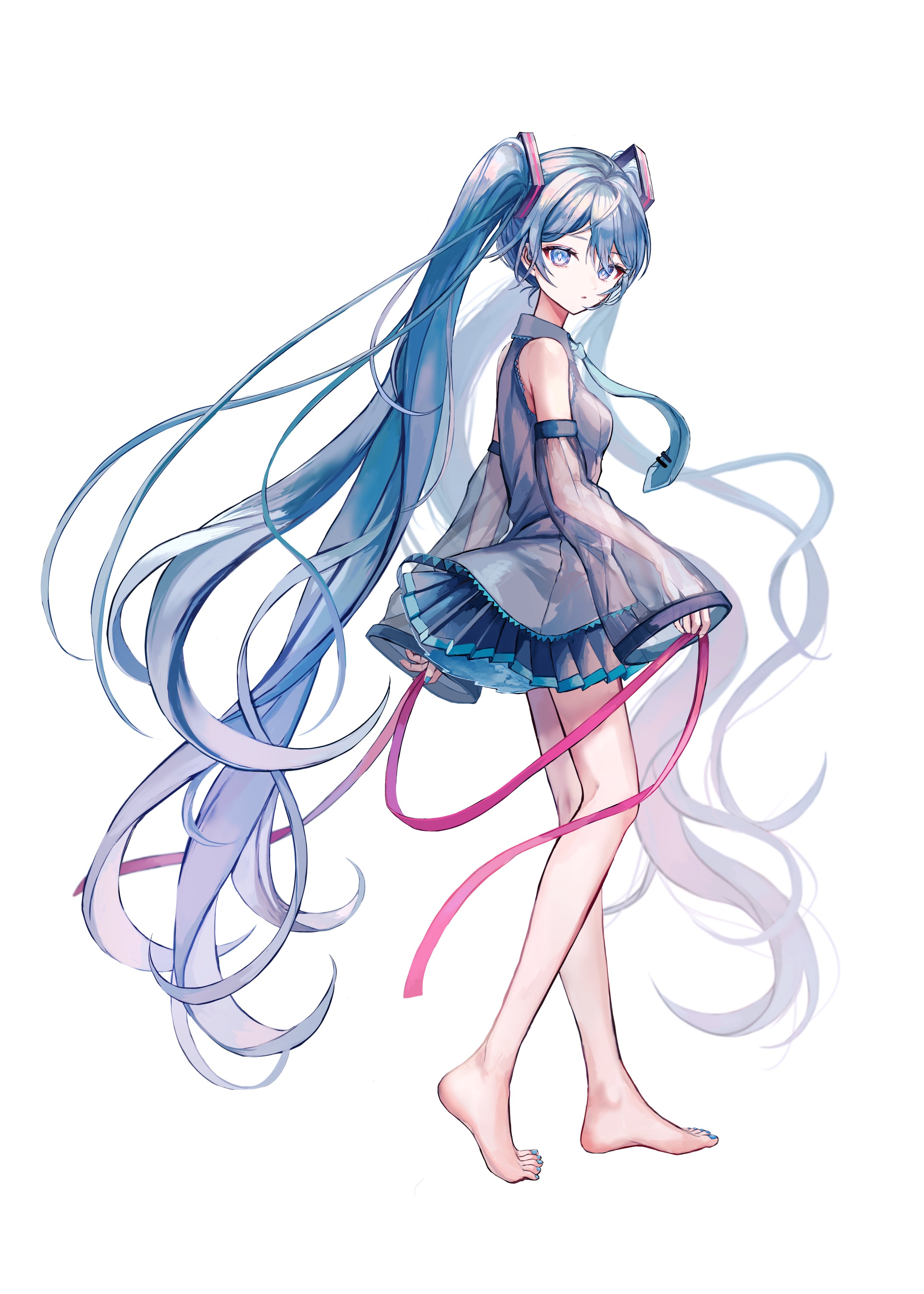 pipi (pipinavigation), vocaloid, absurdres, commentary request, highres, 1girl, aqua eyes, aqua hair, armpit crease, bare legs, bare shoulders, barefoot, detached sleeves, floating hair, long hair, long sleeves, looking at viewer, pleated skirt, red ribbon, ribbon, shirt, skirt, sleeveless, sleeveless shirt, standing, twintails, white background