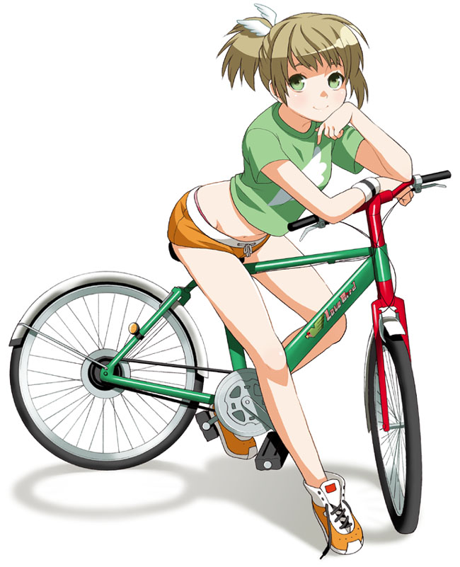 mattaku mousuke, original, 1girl, bicycle, female focus, green eyes, hand on own cheek, hand on own face, legs, midriff, ponytail, shoes, short shorts, shorts, simple background, sneakers, solo