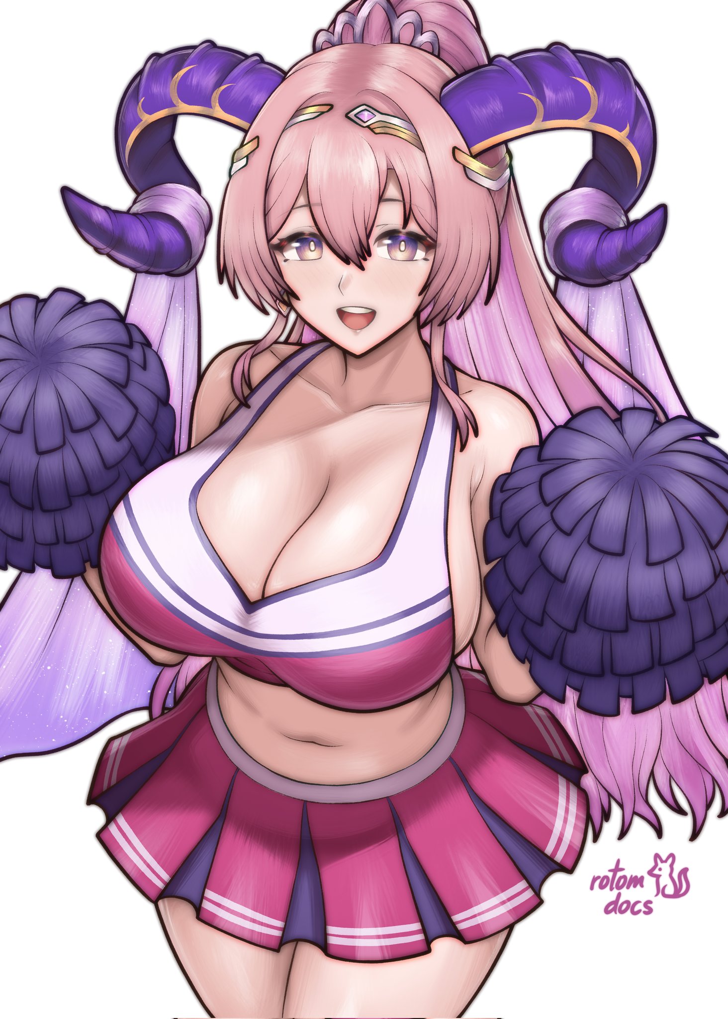 rotomdocs, nerthuz (fire emblem), fire emblem, fire emblem heroes, nintendo, commentary, corrupted twitter file, english commentary, highres, 1girl, :d, alternate costume, artist name, bare shoulders, breasts, cheerleader, cleavage, collarbone, crop top, goat horns, hair between eyes, horns, huge breasts, long hair, looking at viewer, mature female, open mouth, pink hair, pleated skirt, pom pom (cheerleading), ponytail, purple eyes, sideboob, skirt, smile, solo, thick thighs, thighs, very long hair, white background