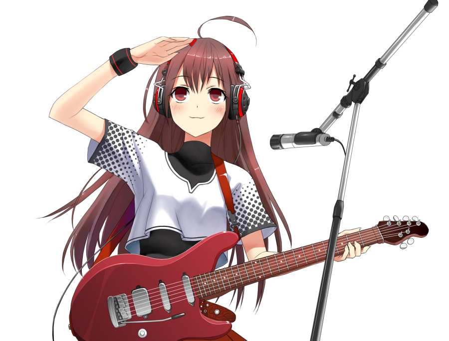 shiden, looking away, 1girl, :3, ahoge, arm up, blush, brown hair, cable, electric guitar, female focus, guitar, headphones, instrument, long hair, looking up, microphone, microphone stand, red eyes, shading eyes, short sleeves, simple background, solo, studio microphone, white background, wristband