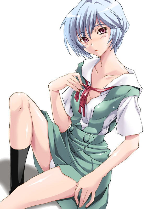 shiruko (inosin), ayanami rei, neon genesis evangelion, black legwear, blue hair, panties, red eyes, school uniform, short hair, simple background, solo, underwear, undressing, white background