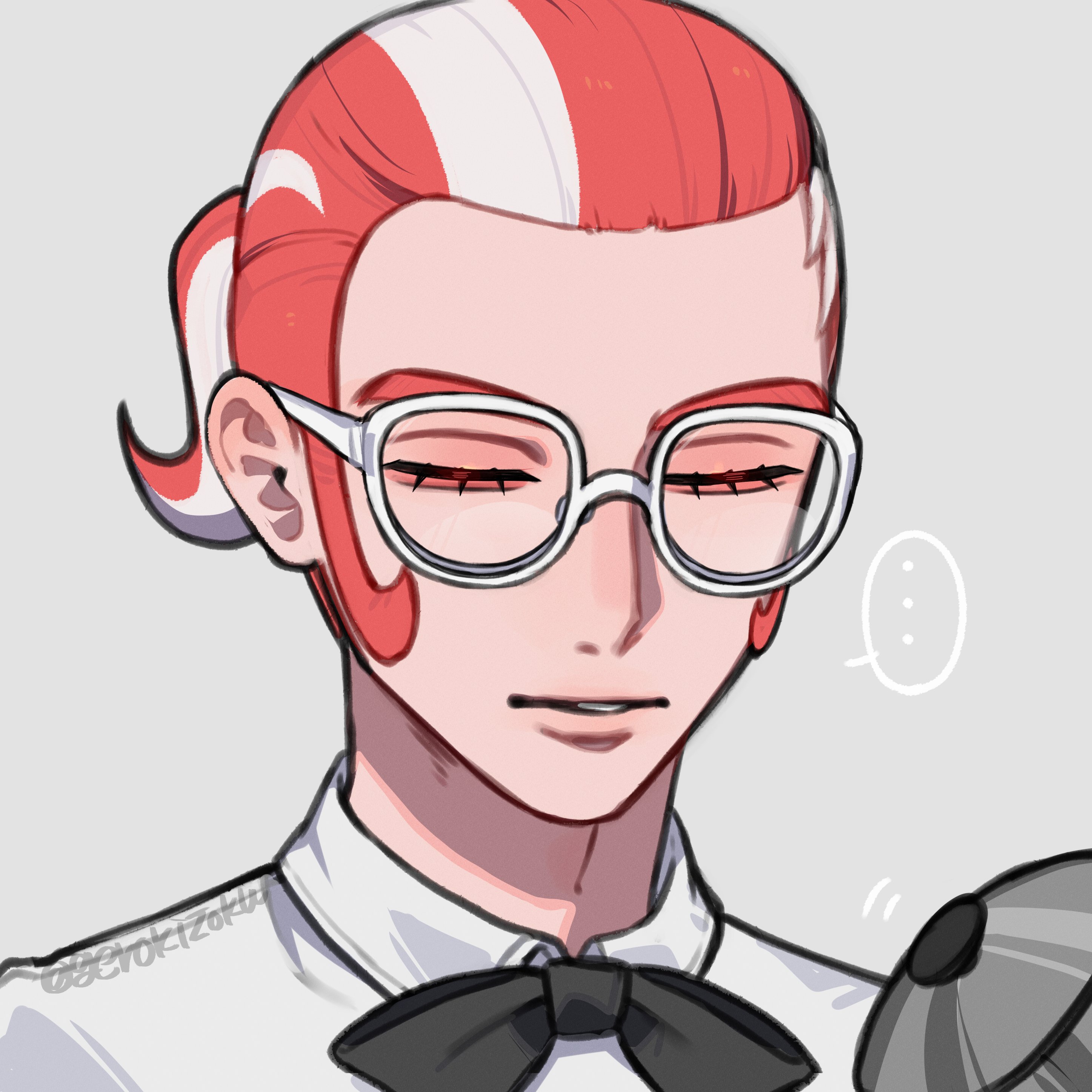gerokizoku, grisham (pokemon), nintendo, pokemon, pokemon legends: z-a, absurdres, commentary request, highres, …, 1boy, black bow, black bowtie, bow, bowtie, closed eyes, glasses, hair pulled back, lower eyelashes only, male focus, multicolored hair, parted lips, portrait, red hair, shirt, sideburns, solo, spoken ellipsis, twitter username, two-tone hair, white-framed eyewear, white hair, white shirt