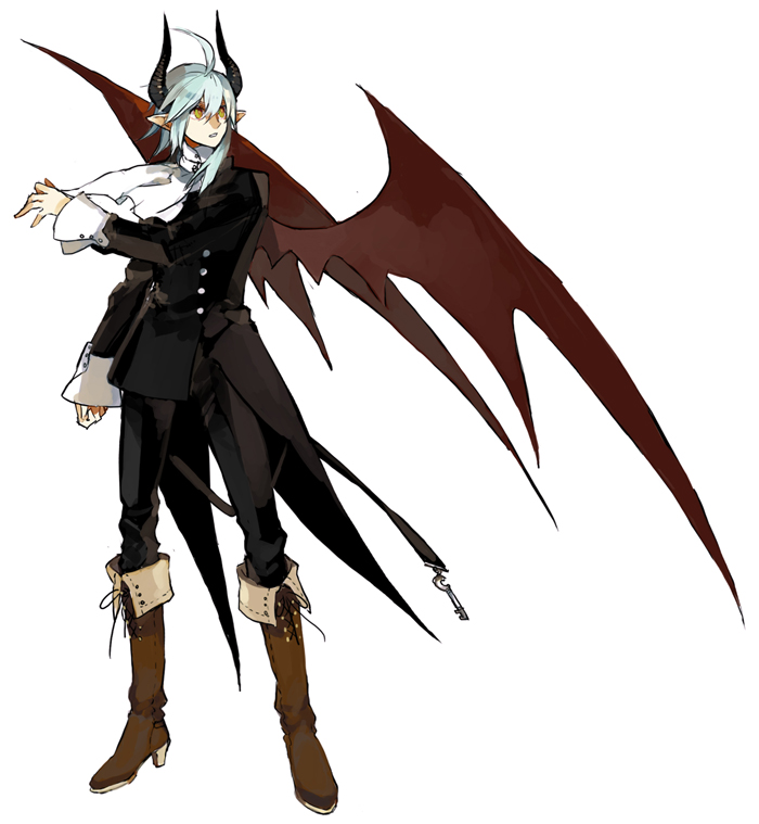 starshadowmagician, original, looking away, silver hair, ahoge, bat wings, boots, brown boots, formal clothes, horns, male focus, simple background, solo, white background, wings