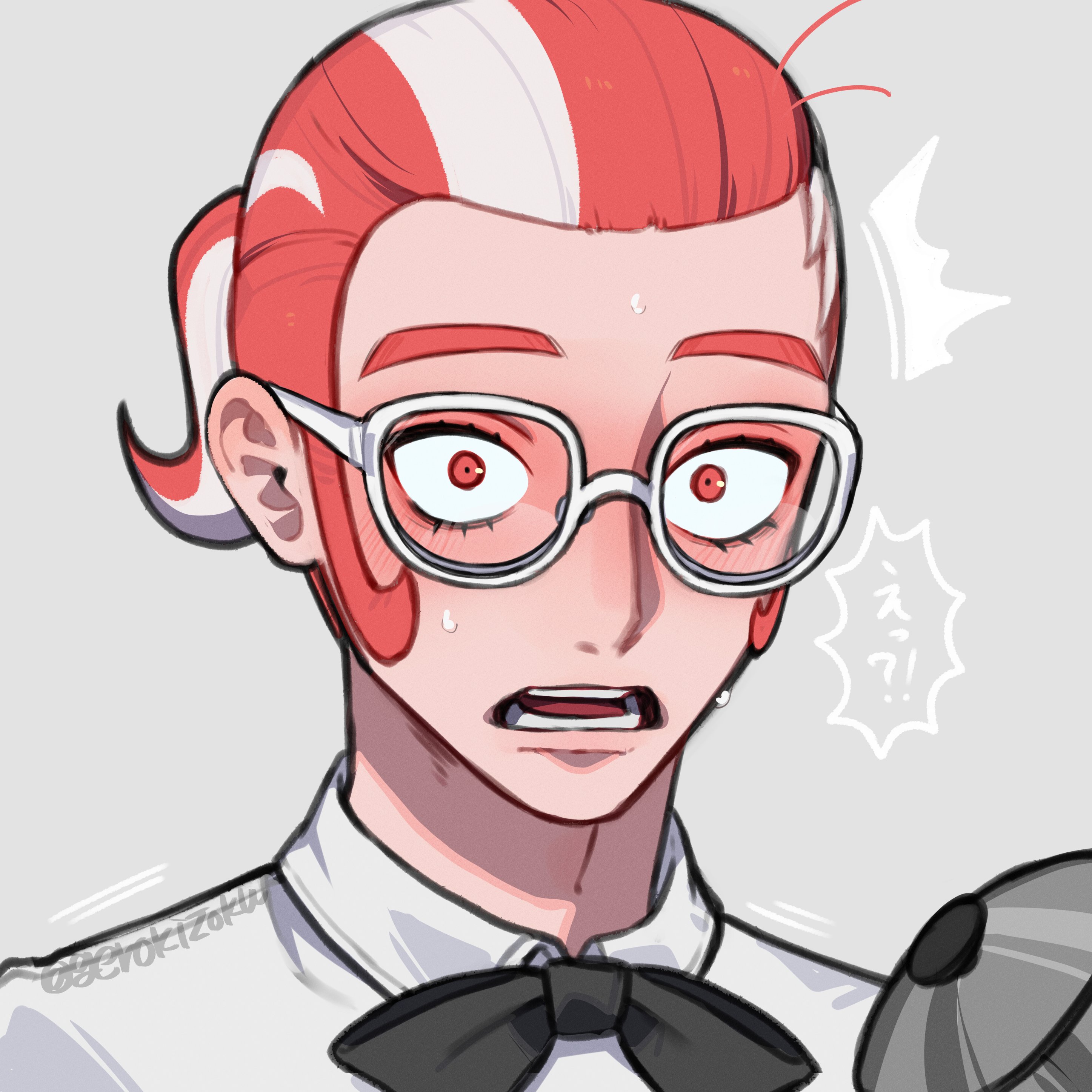 gerokizoku, grisham (pokemon), nintendo, pokemon, pokemon legends: z-a, absurdres, commentary request, highres, translation request, …, 1boy, ^^^, black bow, black bowtie, bow, bowtie, flustered, glasses, hair pulled back, light blush, looking at viewer, lower eyelashes only, male focus, multicolored hair, open mouth, parted lips, portrait, red eyes, red hair, shirt, sideburns, solo, spoken ellipsis, surprised, sweat, twitter username, two-tone hair, white-framed eyewear, white hair, white shirt, wide-eyed