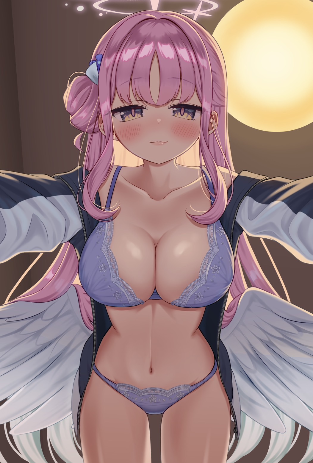 panda 90321, mika (blue archive), blue archive, commentary request, highres, 1girl, bra, breasts, collarbone, cowboy shot, feathered wings, hair ornament, halo, jacket, lace, lace-trimmed bra, lace-trimmed panties, lace trim, large breasts, looking at viewer, navel, open clothes, panties, pink hair, sidelocks, solo, track jacket, underwear, white wings, wings, yellow eyes