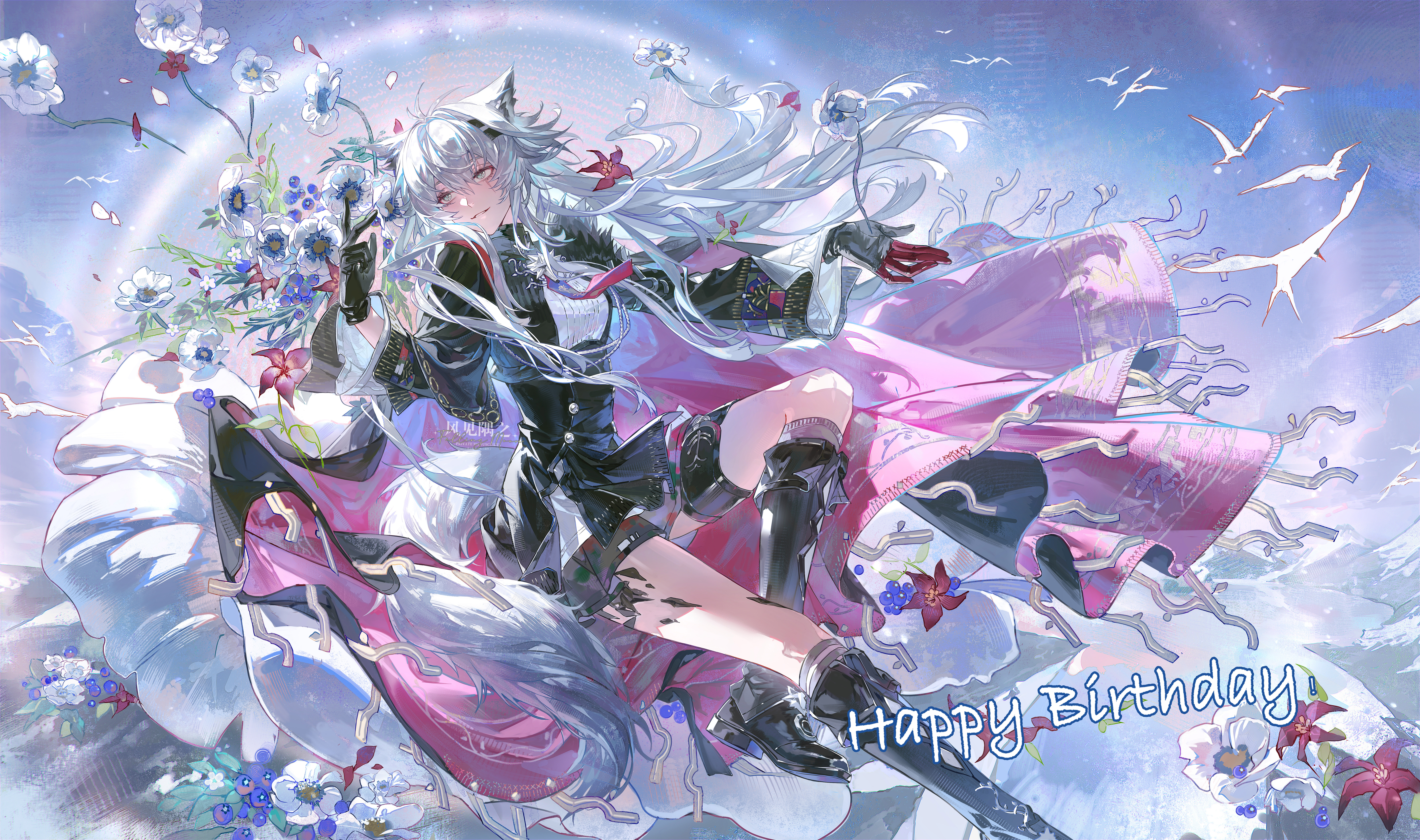 fengjian yuzhi, lappland (arknights), arknights, absurdres, highres, 1girl, animal ear fluff, animal ears, bird, black boots, black cape, black dress, black gloves, boots, cape, cloud, day, dress, flower, foot out of frame, full body, gloves, grey eyes, hair between eyes, hair ornament, hairpin, happy birthday, long sleeves, looking at flowers, mountain, necktie, open hand, outdoors, parted lips, red flower, scar, scar across eye, scar on face, sidelocks, sky, solo, two-sided cape, two-sided fabric, white bird, white flower