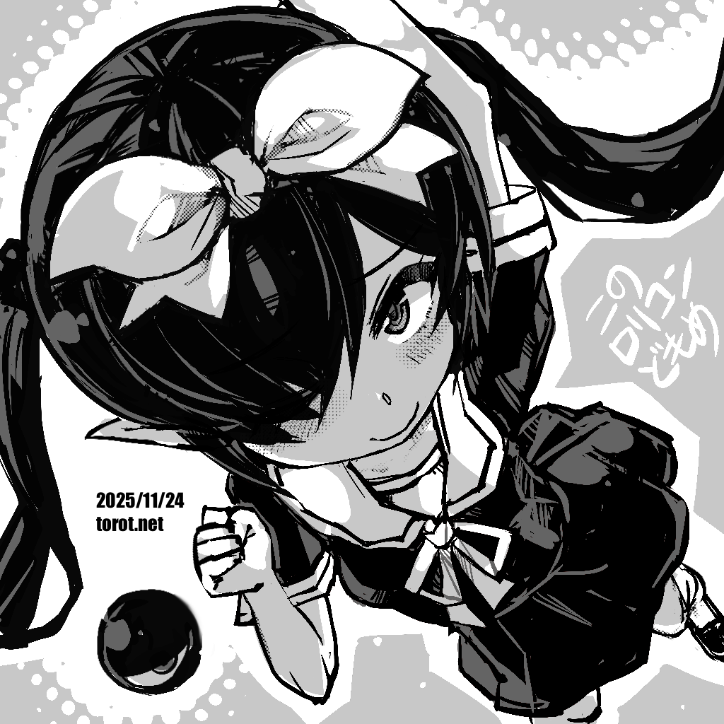 torotei, backbeako (torotei), backbeard, gegege no kitarou, original, commentary, paid reward available, translated, 1girl, ;), alternate costume, arm up, blush, bow, breasts, clenched hand, closed mouth, dated, dated commentary, dutch angle, grey background, greyscale, hair bow, hair over one eye, hand up, kono lolicon domome, long hair, looking at viewer, monochrome, neck ribbon, one eye closed, pointy ears, ribbon, sailor collar, school uniform, shirt, shoes, simple background, skirt, small breasts, smile, solo, twintails, two-tone background, watermark, web address, white background