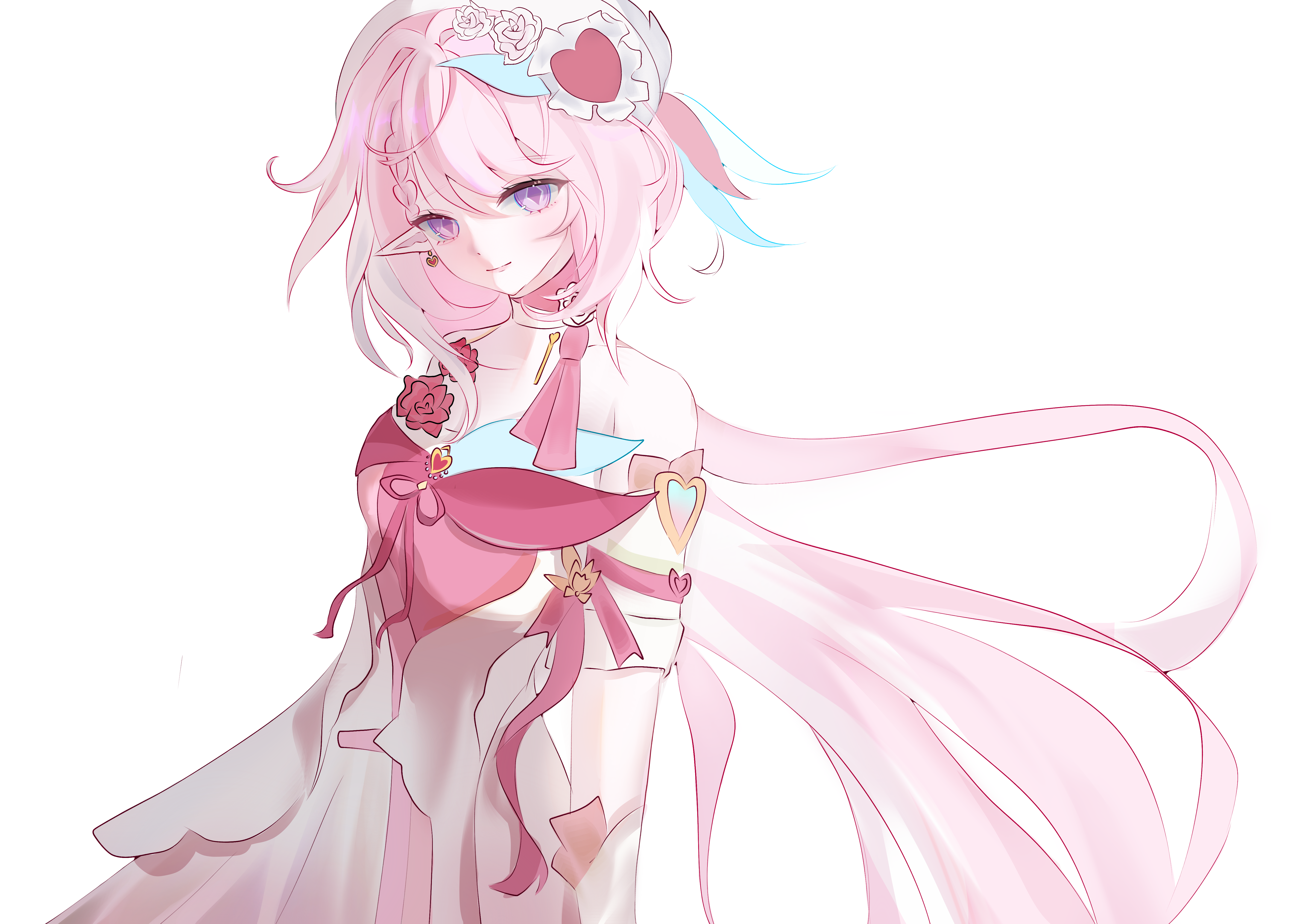elysia (hi love elf) (honkai impact), elysia (honkai impact), honkai (series), honkai impact 3rd, absurdres, chinese commentary, commentary request, highres, 1girl, bare shoulders, beret, breasts, diamond-shaped pupils, diamond (shape), dress, earrings, elf, hat, heart, heart earrings, jewelry, large breasts, long hair, looking at viewer, mo gangzi, pink hair, pointy ears, purple eyes, red dress, simple background, smile, solo, symbol-shaped pupils, very long hair, white background, white dress, white hair