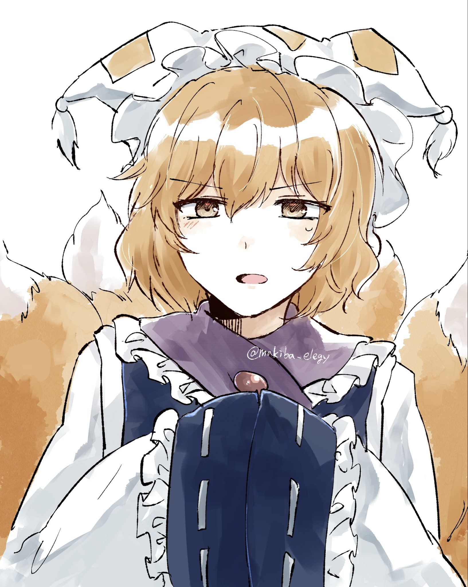 koto (shiberia39), yakumo ran, touhou, commentary request, highres, 1girl, blonde hair, blue tabard, dress, fox girl, fox tail, frills, hat, kitsune, kyuubi, long sleeves, medium hair, multiple tails, own hands together, parted lips, puffy sleeves, solo, tabard, tail, twitter username, upper body, white background, white dress, yellow eyes