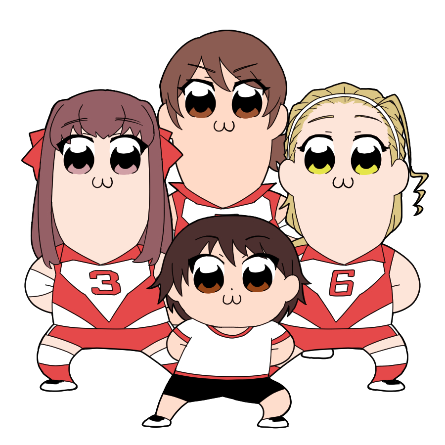 satou yasu, isobe noriko, kawanishi shinobu, kondou taeko, sasaki akebi, girls und panzer, commentary request, 4girls, :3, bkub (style), blonde hair, brown eyes, brown hair, long hair, multiple girls, short hair, sportswear, volleyball uniform, white background, yellow eyes