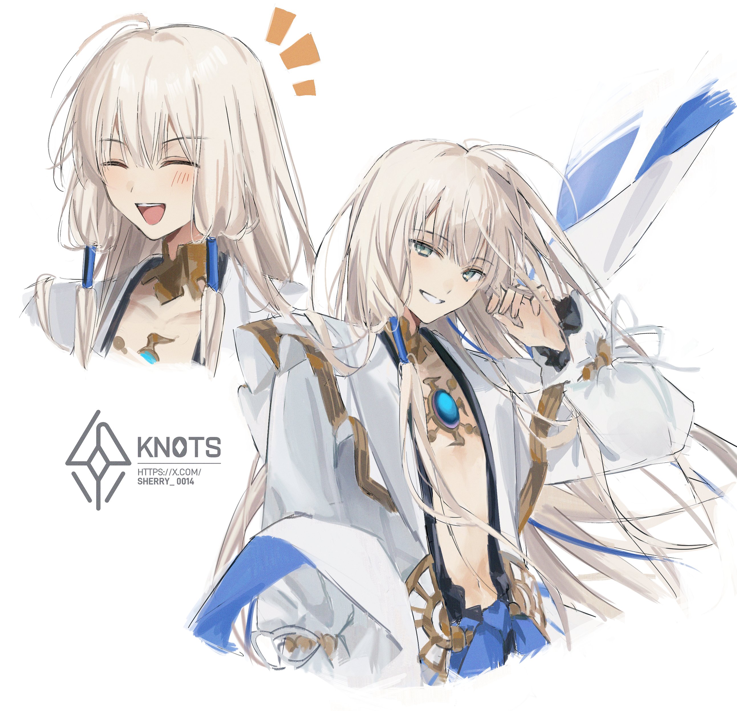 sherry 0014, noah (fate), fate/grand order, fate (series), absurdres, highres, 1boy, blonde hair, blue gemstone, cropped shoulders, english text, gem, gold choker, green eyes, grin, hair tubes, jewelry, light blush, long hair, long sidelocks, low-tied sidelocks, male focus, multiple expressions, multiple views, notice lines, robe, sidelocks, sketch, smile, teeth, upper body, upper teeth only, watermark, web address, white robe